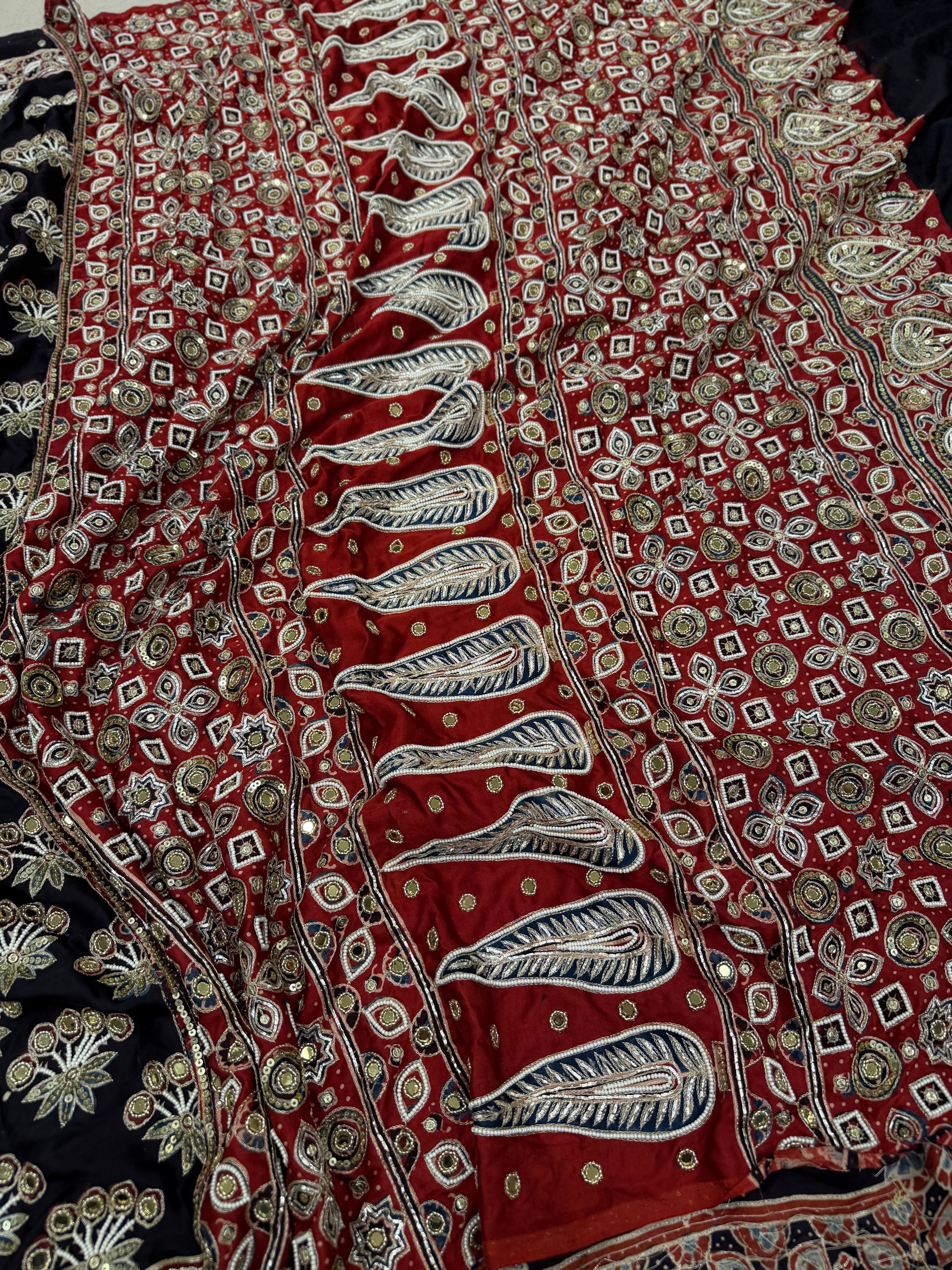 Black Butta Red Pallu Pita Sequin Moti Ajrakh Hand Embroidery Saree