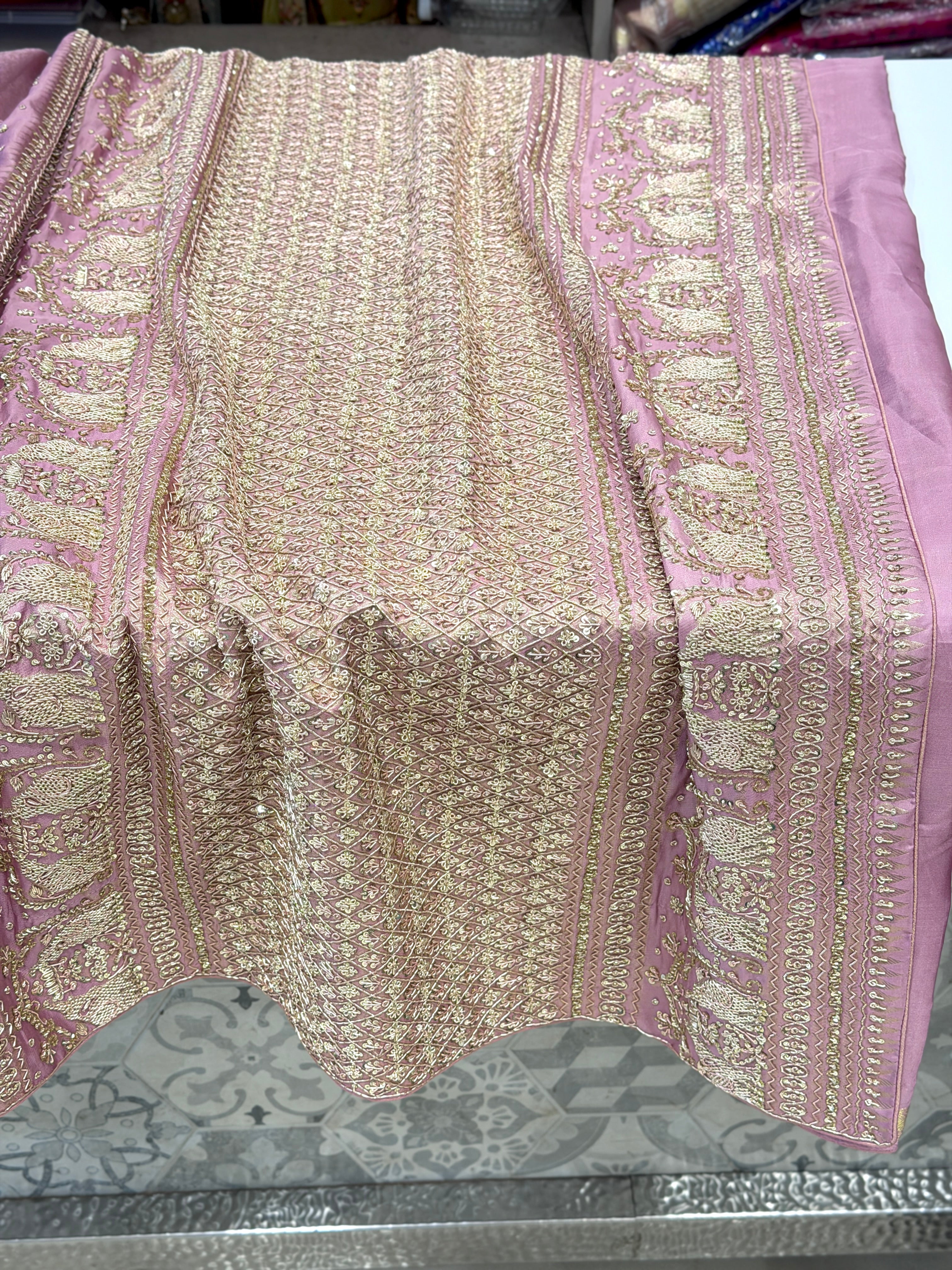 Light Pink Kanjivaram Elephant Motif Zardosi Hand Embroidery Saree