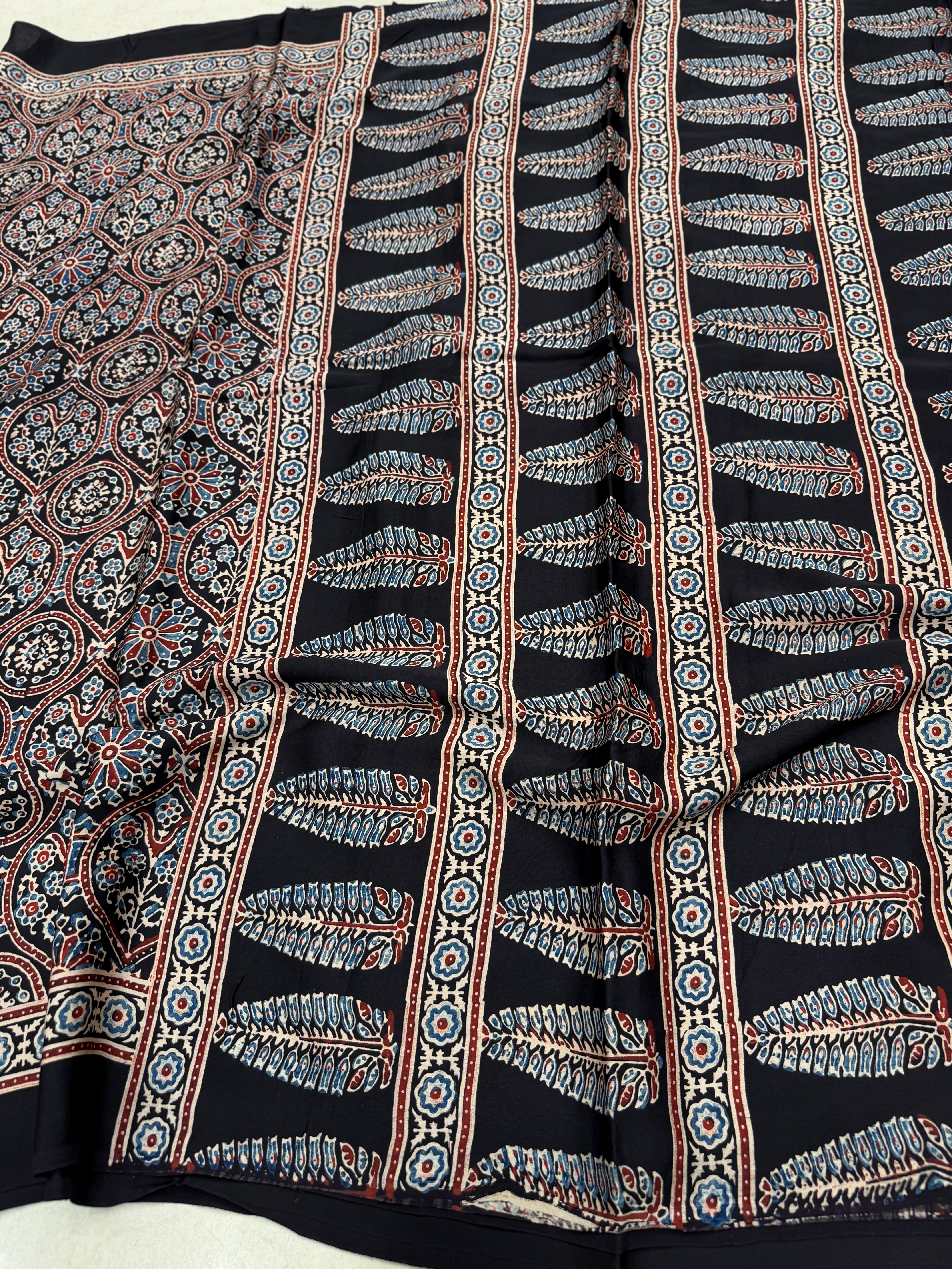Black Coated Flower Buttis Ajrakh Hand Block Print Pure Modal Silk Saree