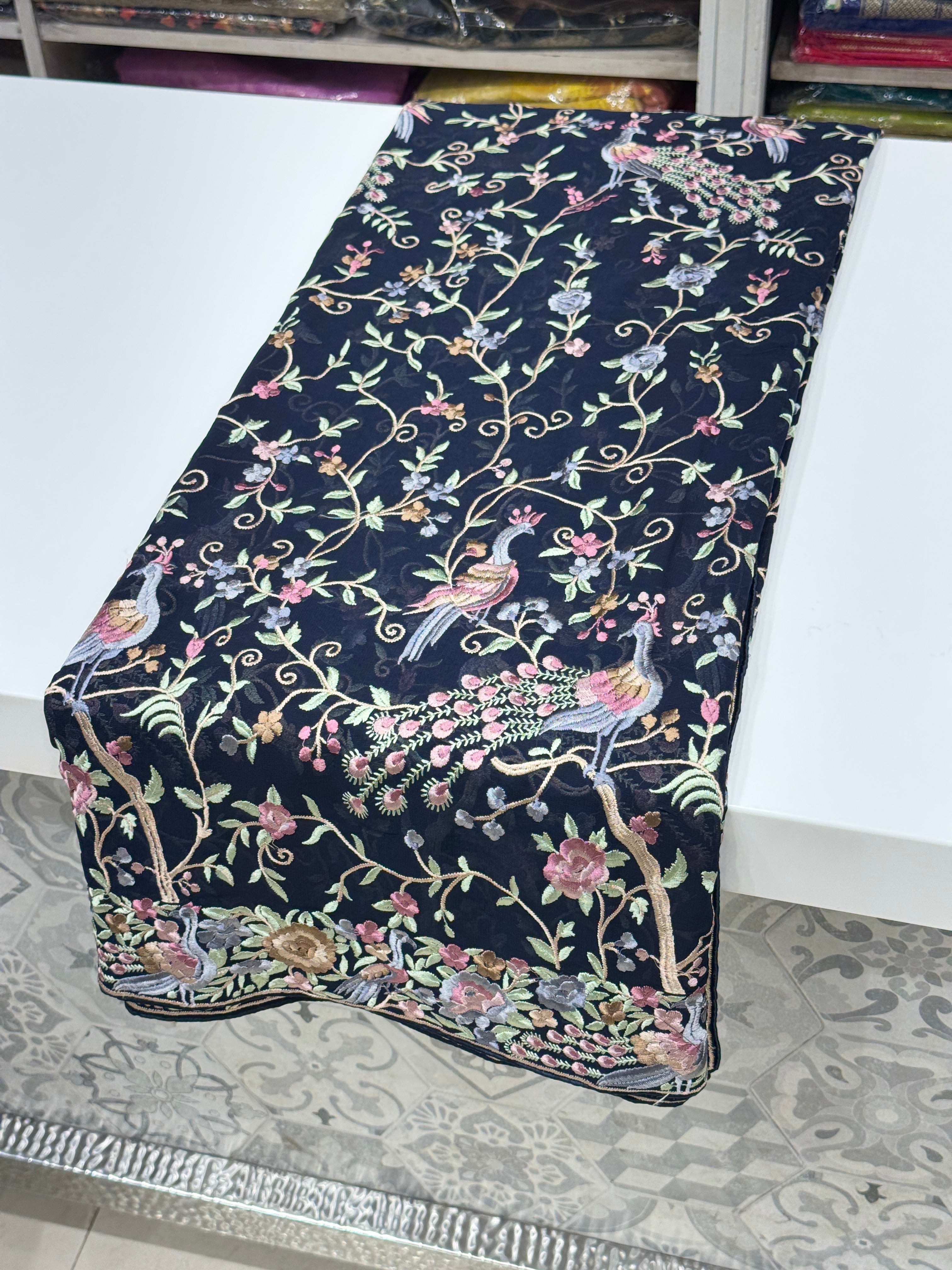 Blue Georgette Parsi Gara Peacock Design Saree