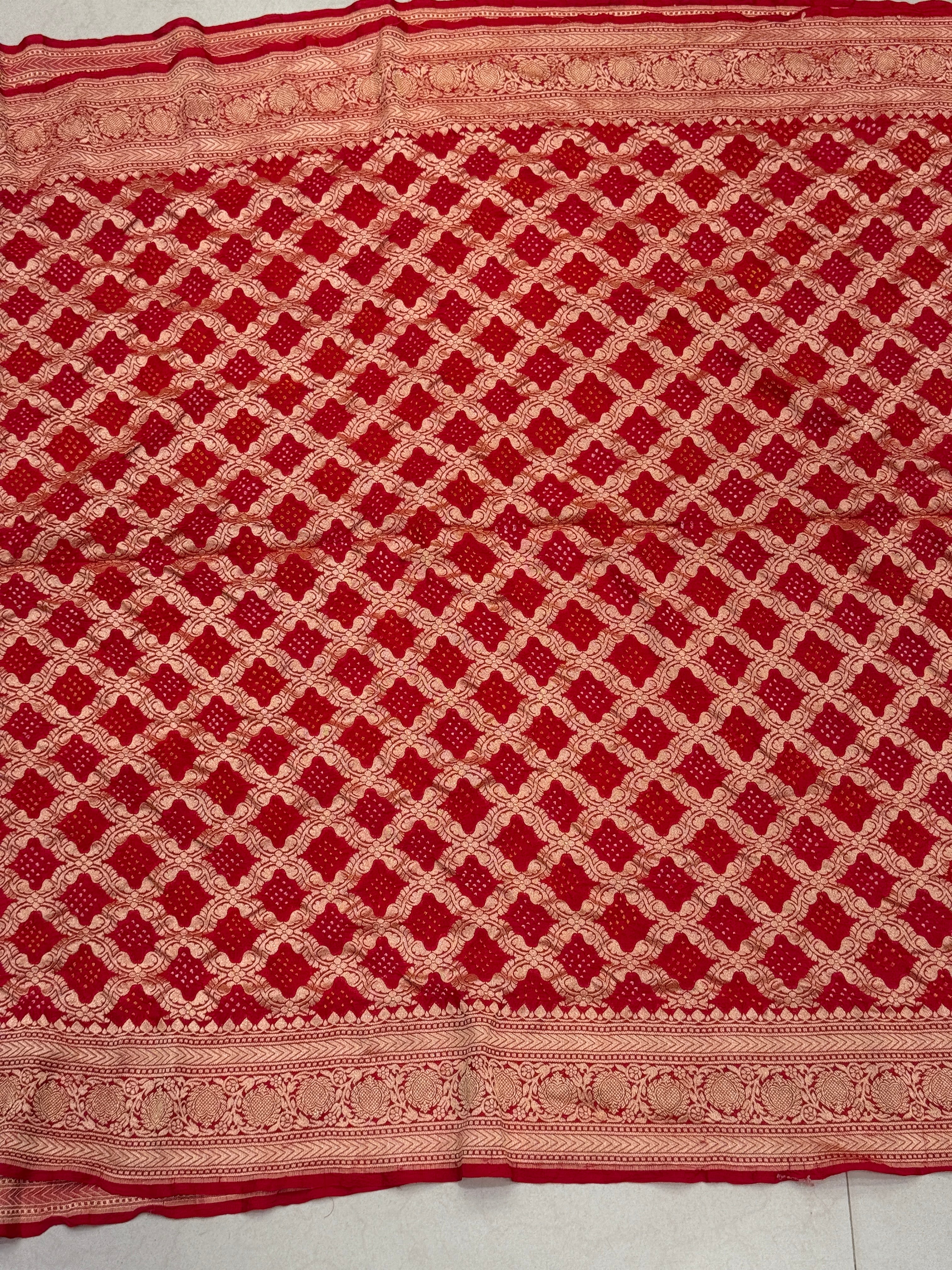 Red Heart Border Georgette Handloom Bandhej Bandhini Saree