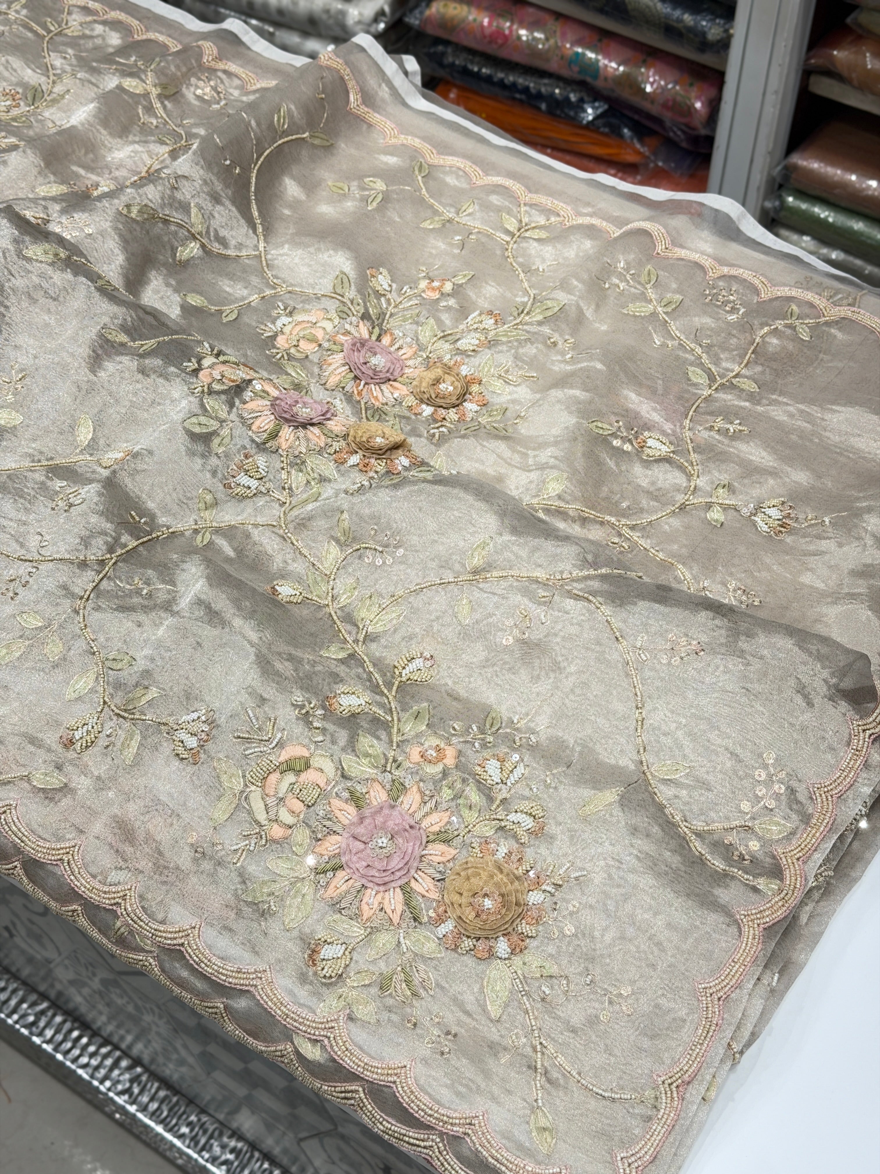Silver Tissue Three D Zardosi Pita Hand Embroidery Moti Saree