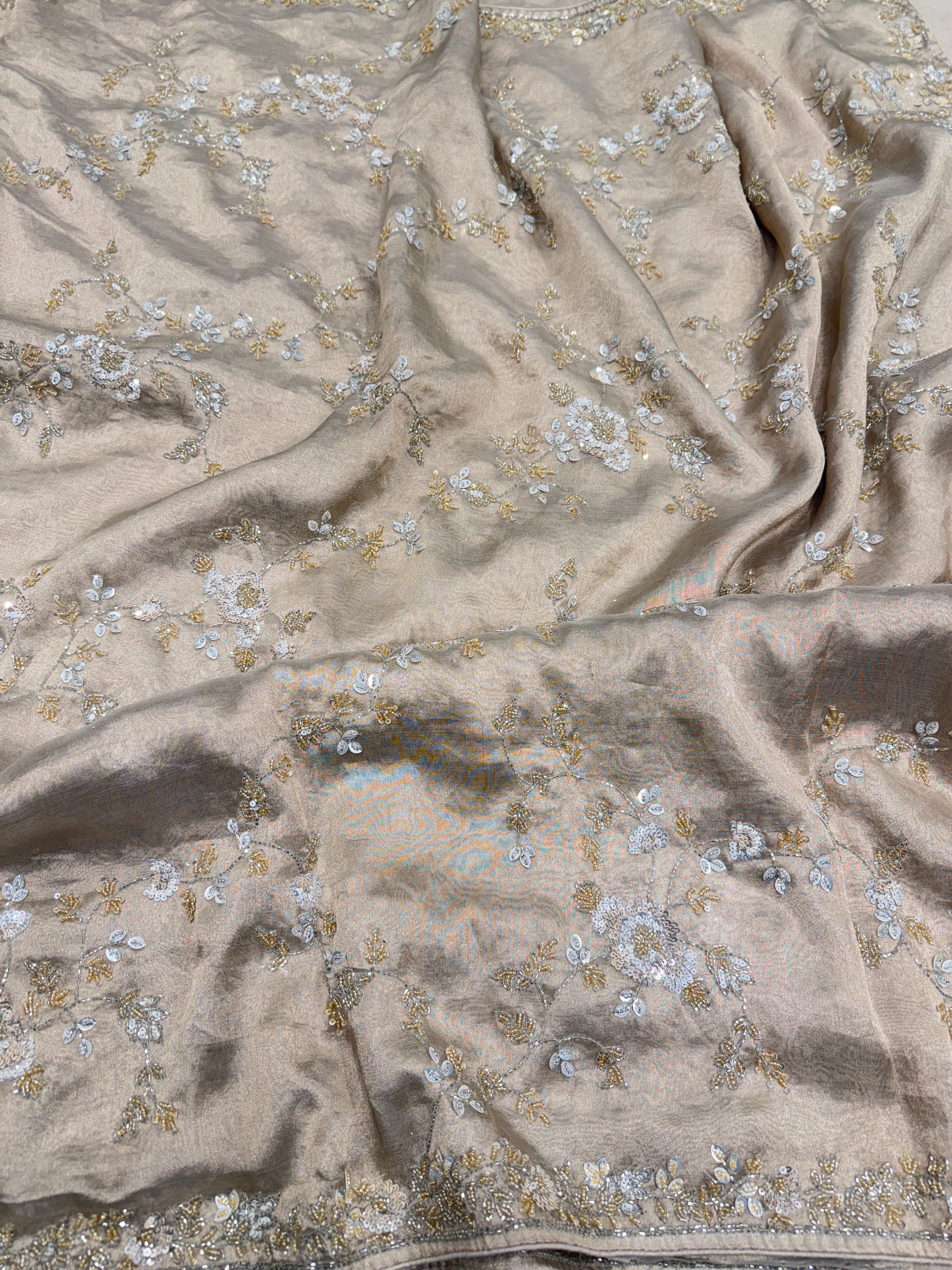 Rosegold Silver Pure Tissue Silk Sequin Moti Hand Embroidery Saree