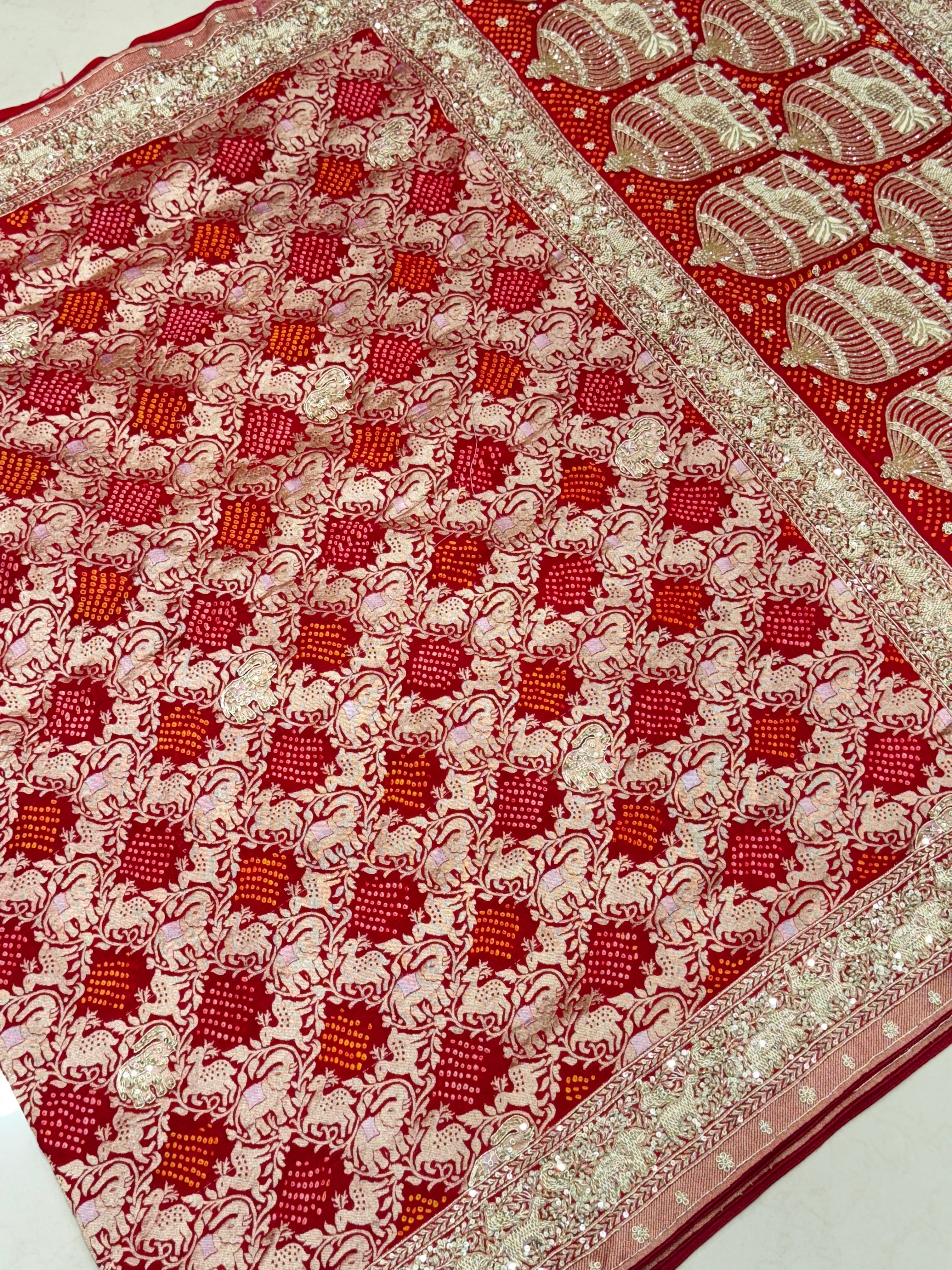 Red Shikara Sona Roopa Rai Bandhej Georgette Zardosi Hand Embroidery Saree