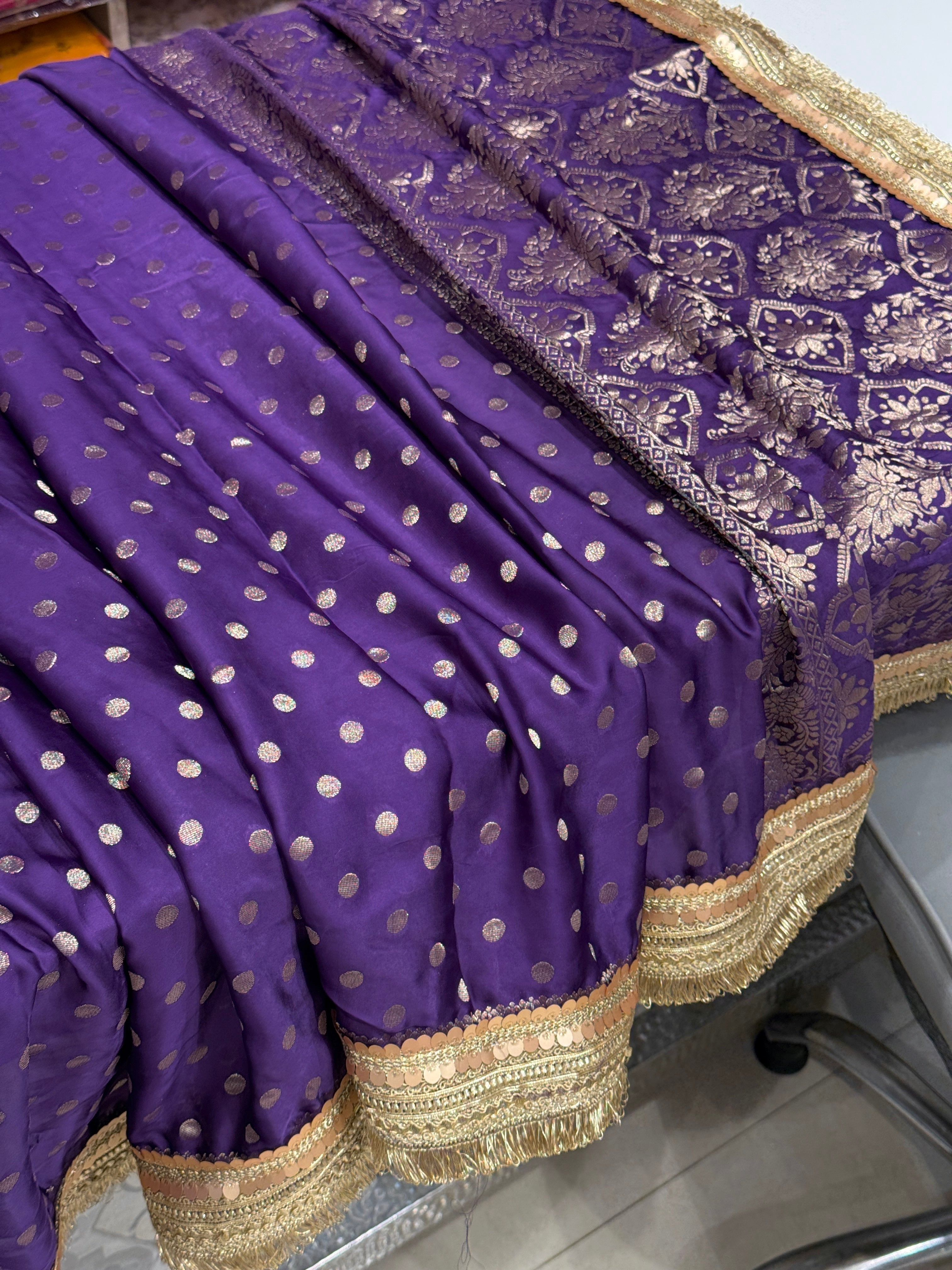 Violet Polka Dot Satin Silk Maharani Lace Saree
