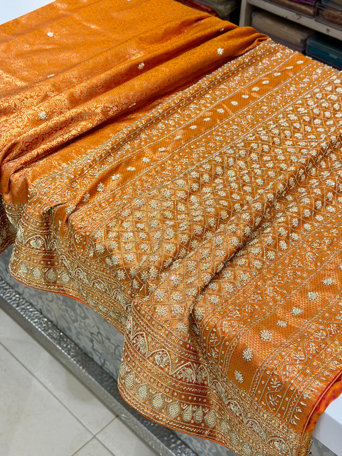 Rust Orange Kanjivaram Elephant Motifs Zardosi Hand Embroidery Saree