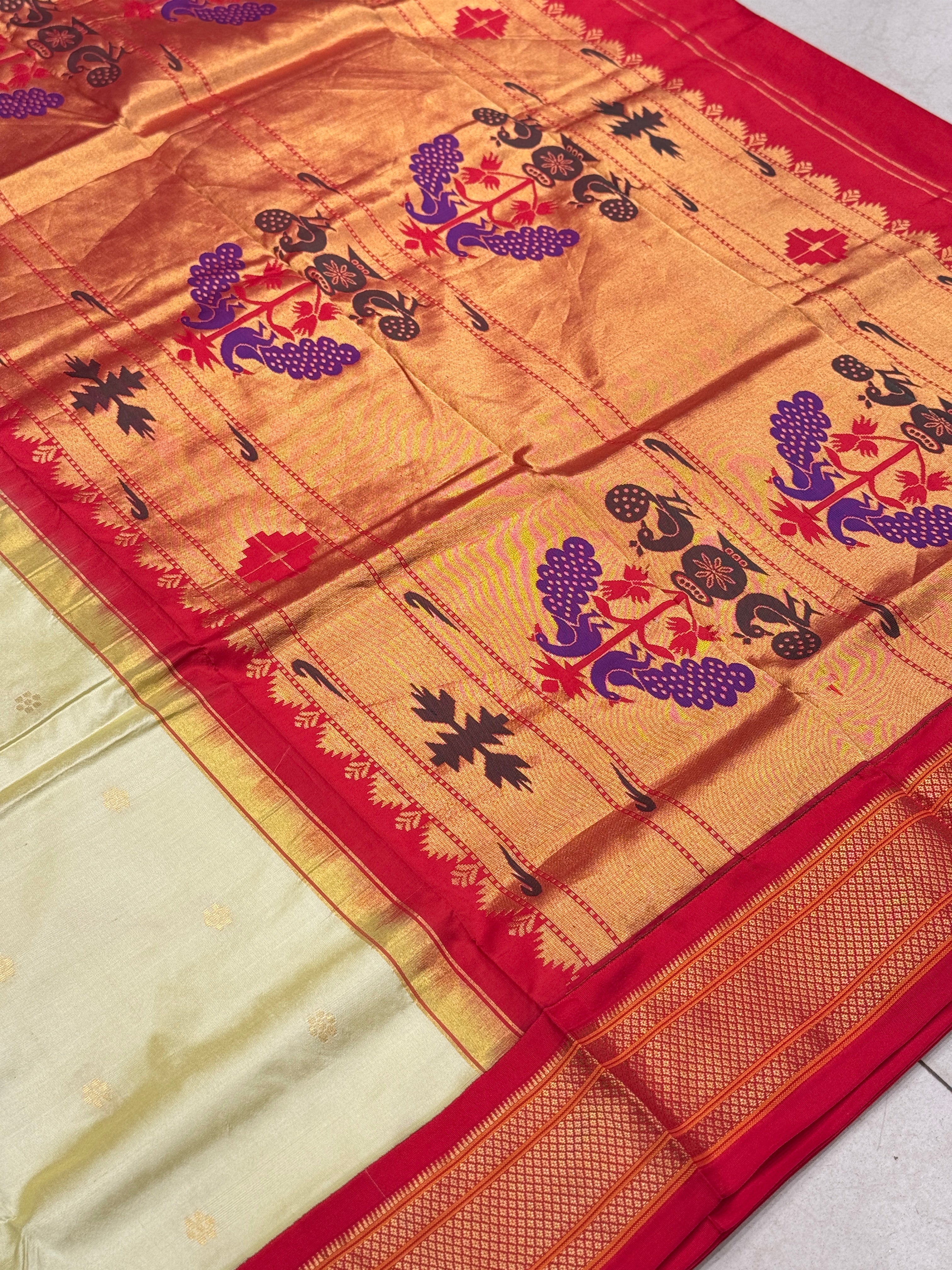 Beige Red Pure Silk Paithani Saree