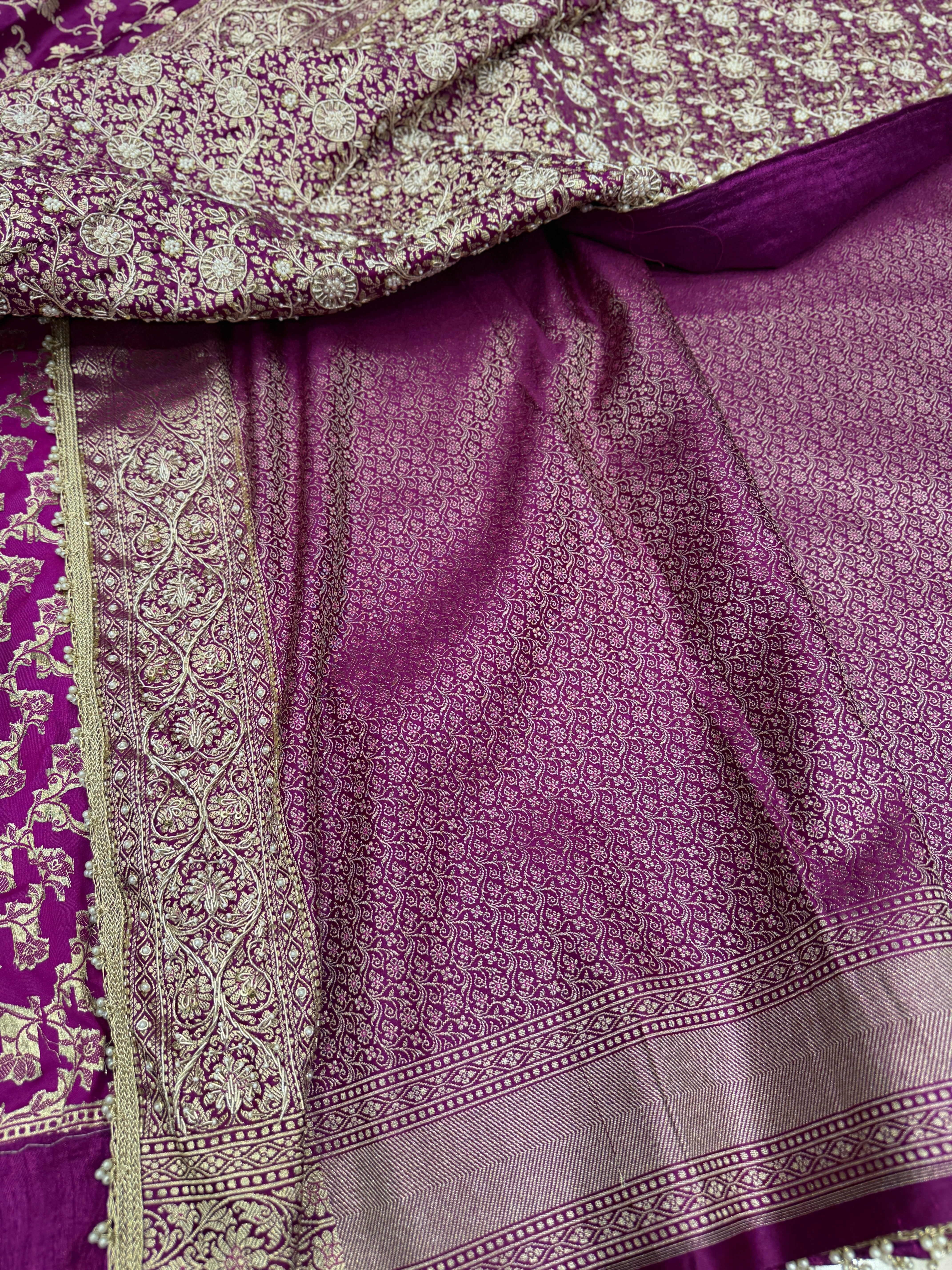 Wine Banarasi Perwinkle Jaal Zardozi Hand Embroidery Saree
