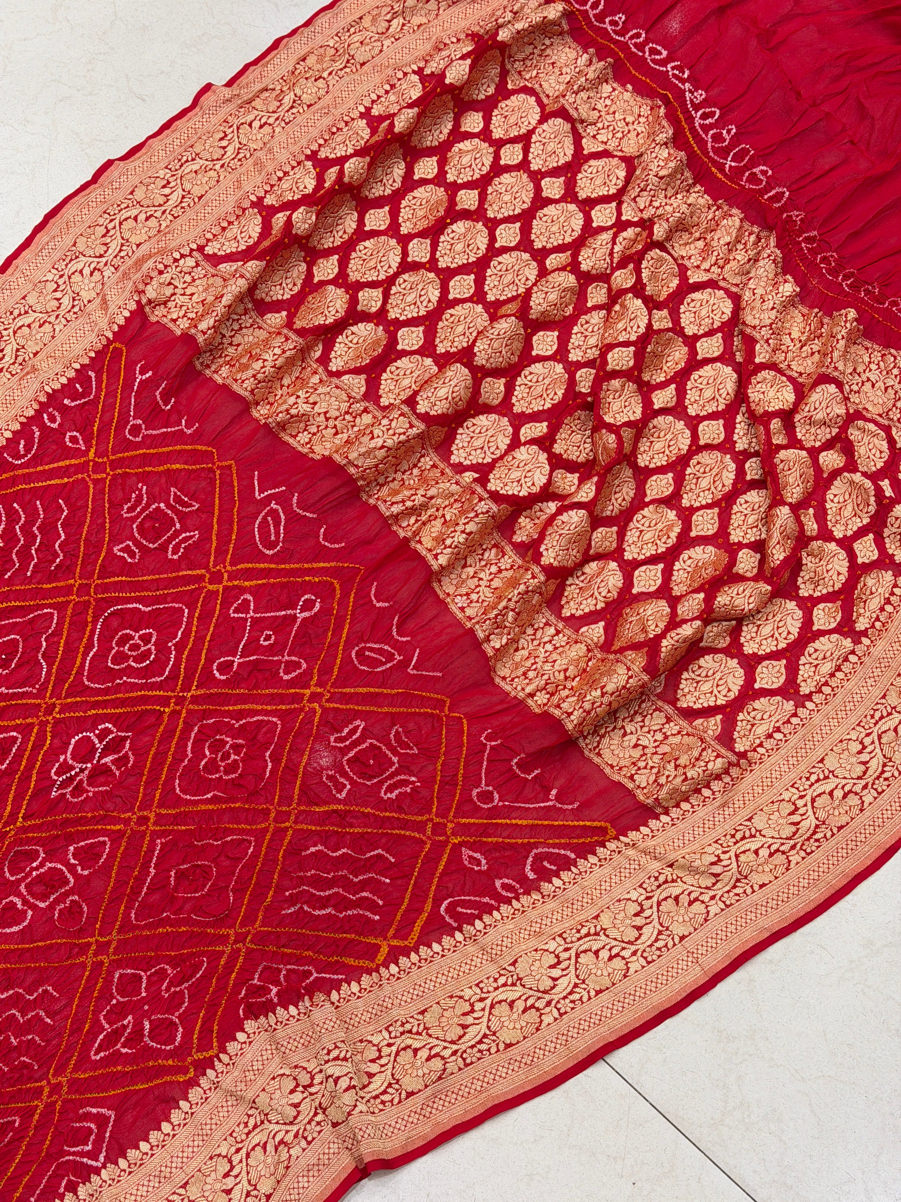 Red Rai Bandhej Bavan Bhat Georgette Saree Banarasi