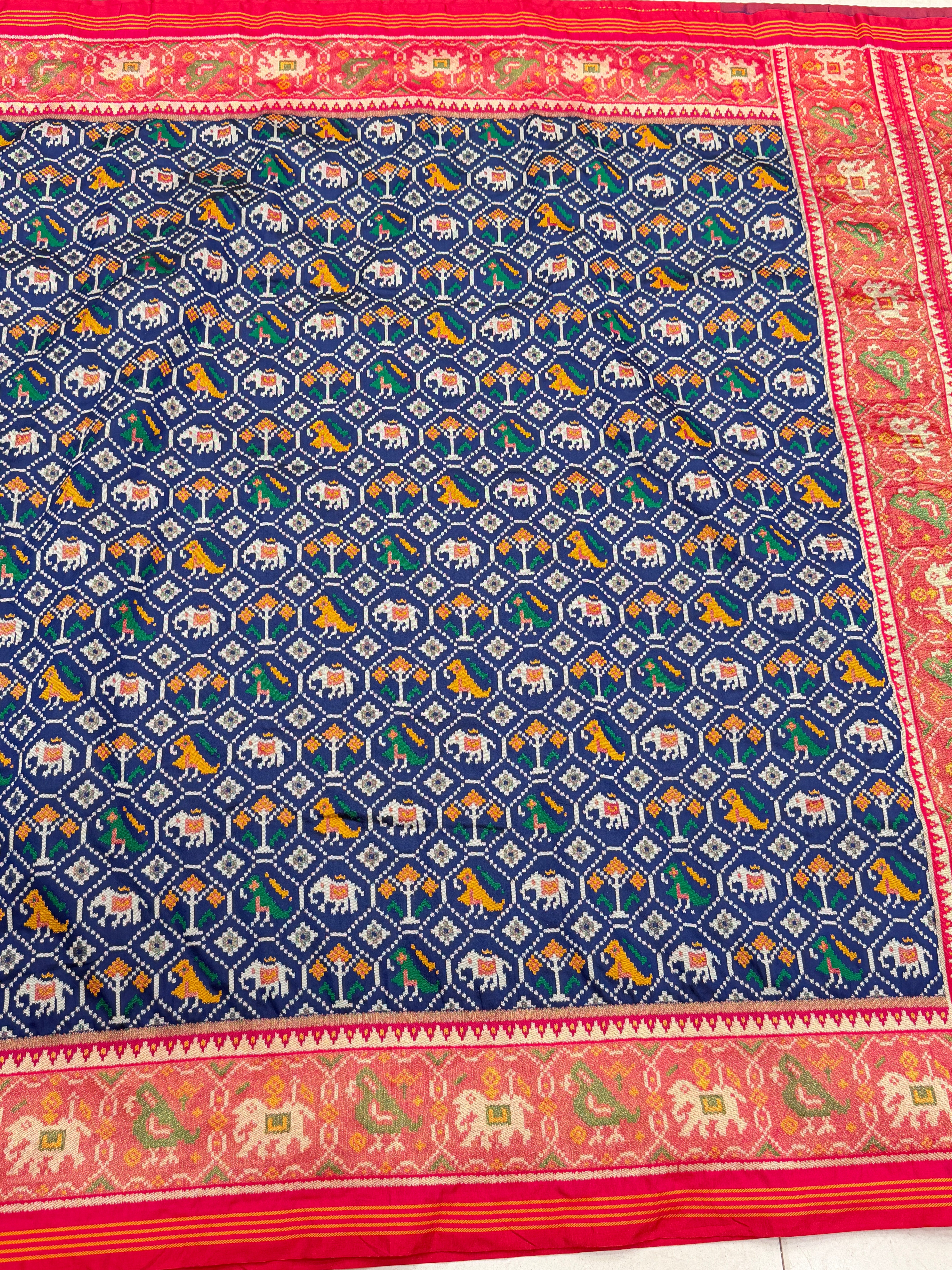 Blue Pink Elephant Jaal Semi Silk Weaved Patan Patola Saree