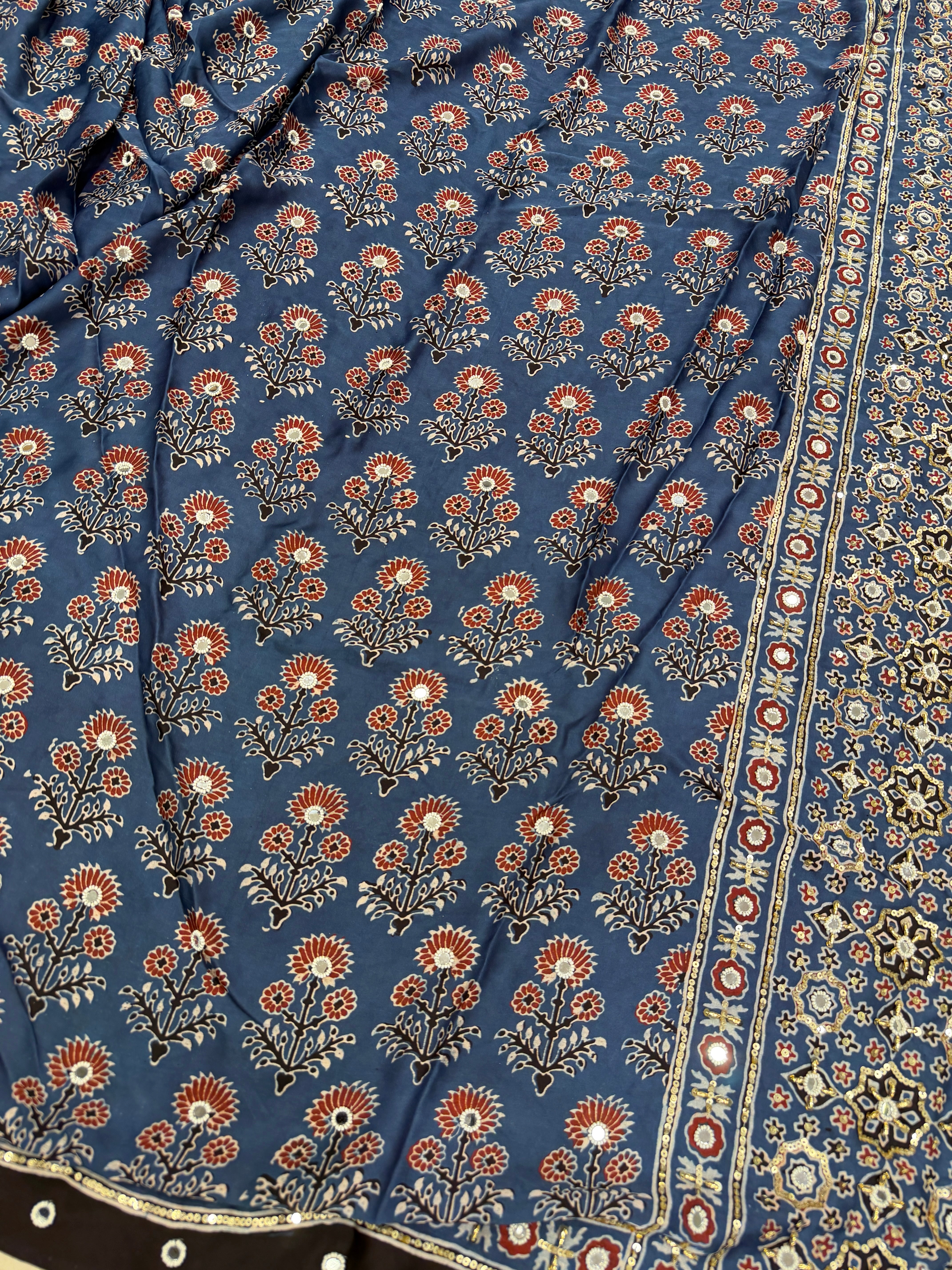 Blue Three Floral Buttas Ajrakh Real Mirror Moti Sequin Hand Embroidery Saree