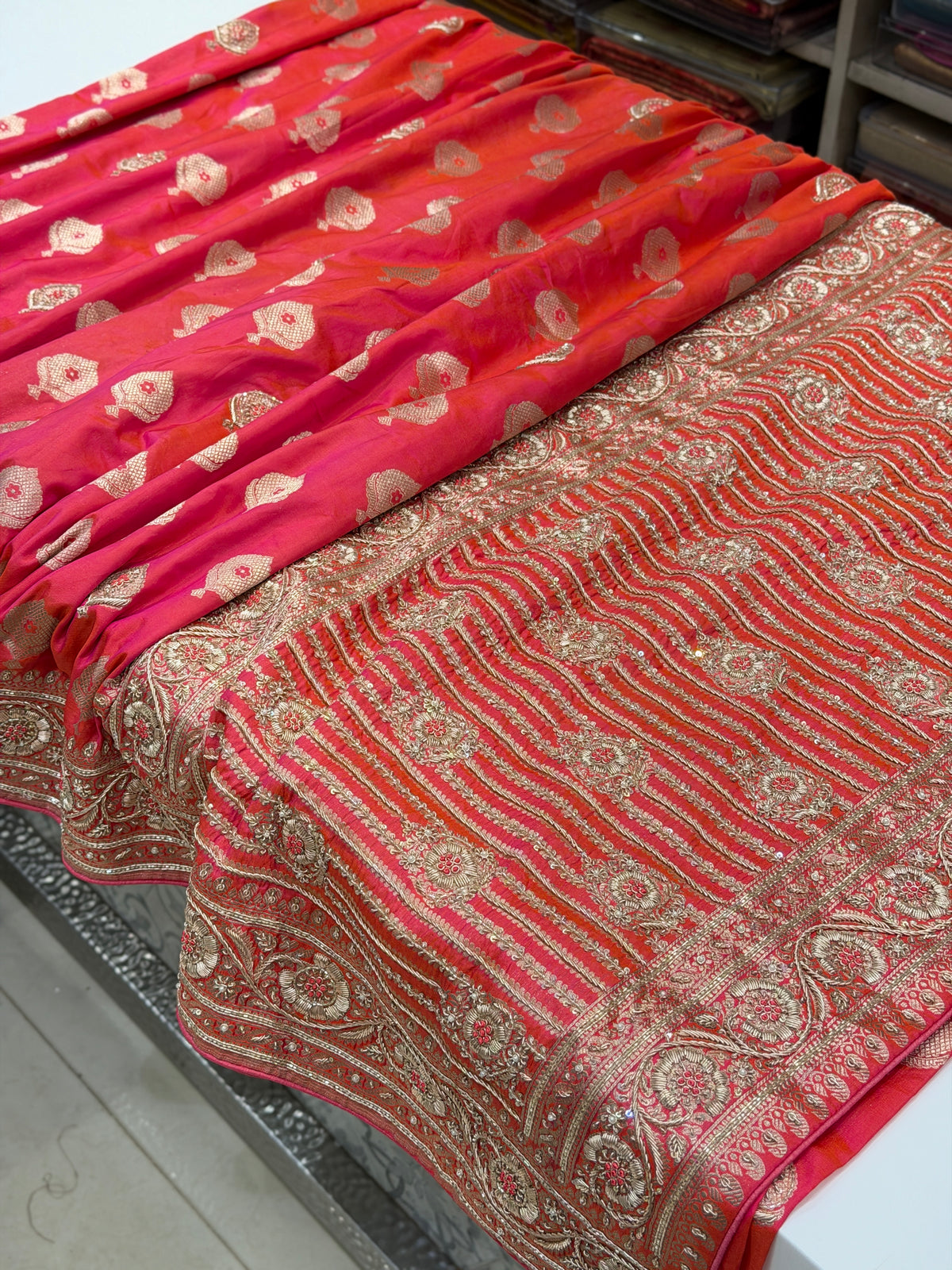 Cross Rani Handloom Banarasi Katan Silk Zardosi Hand Embroidery Saree
