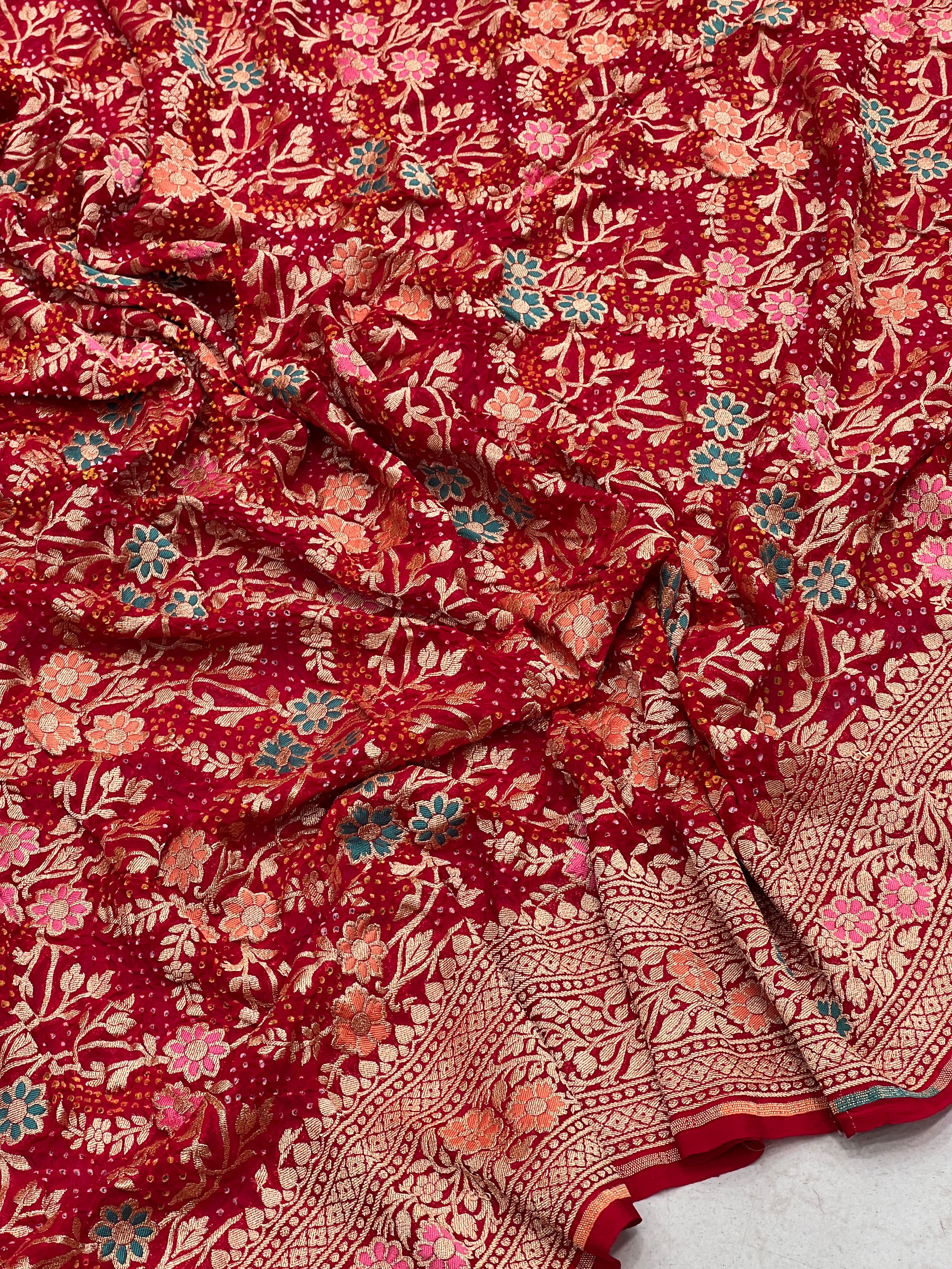 Red Meenakari Jaal Rai Bandhej Pure Zari Dupatta