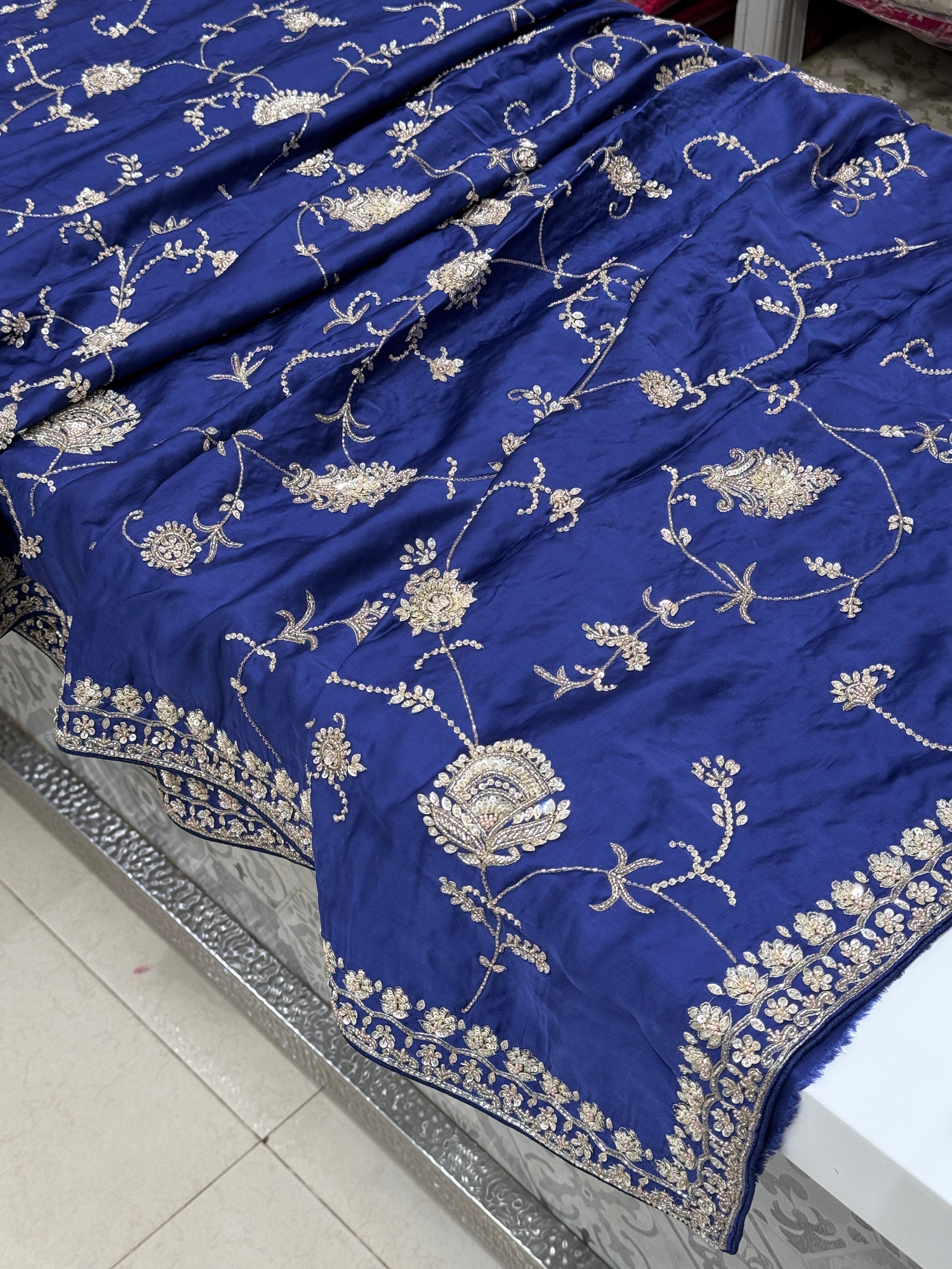Blue Satin Silk Moti Sequin Jaal Hand Embroidery Saree