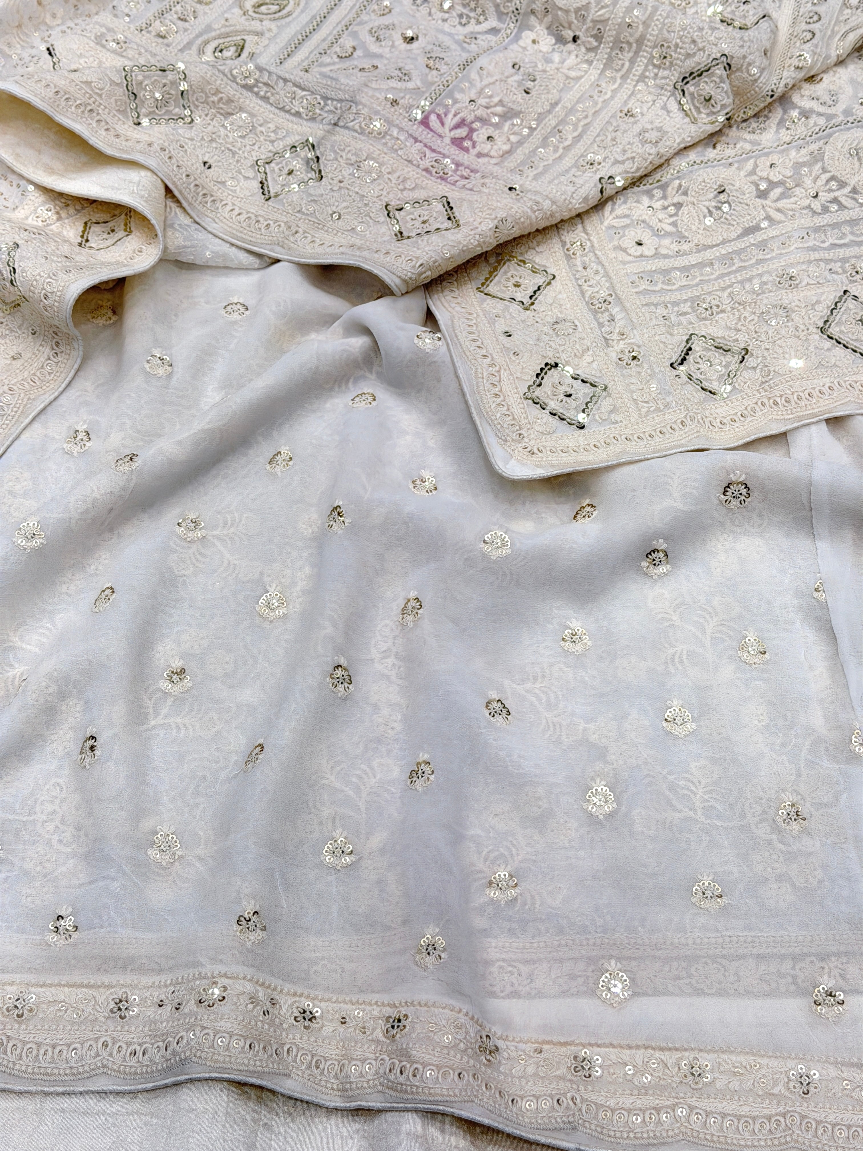 Moti White Sequin Embroidery Georgette Chikankari Resham Saree