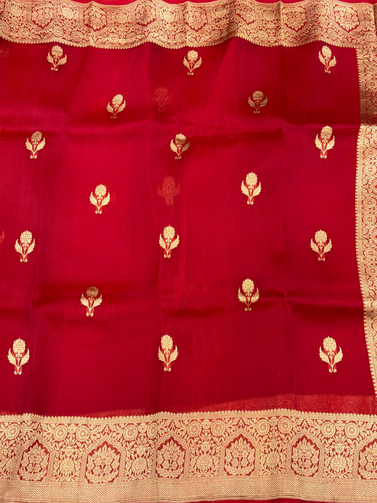 Red Buttas Handloom Banarasi Kora Silk Saree