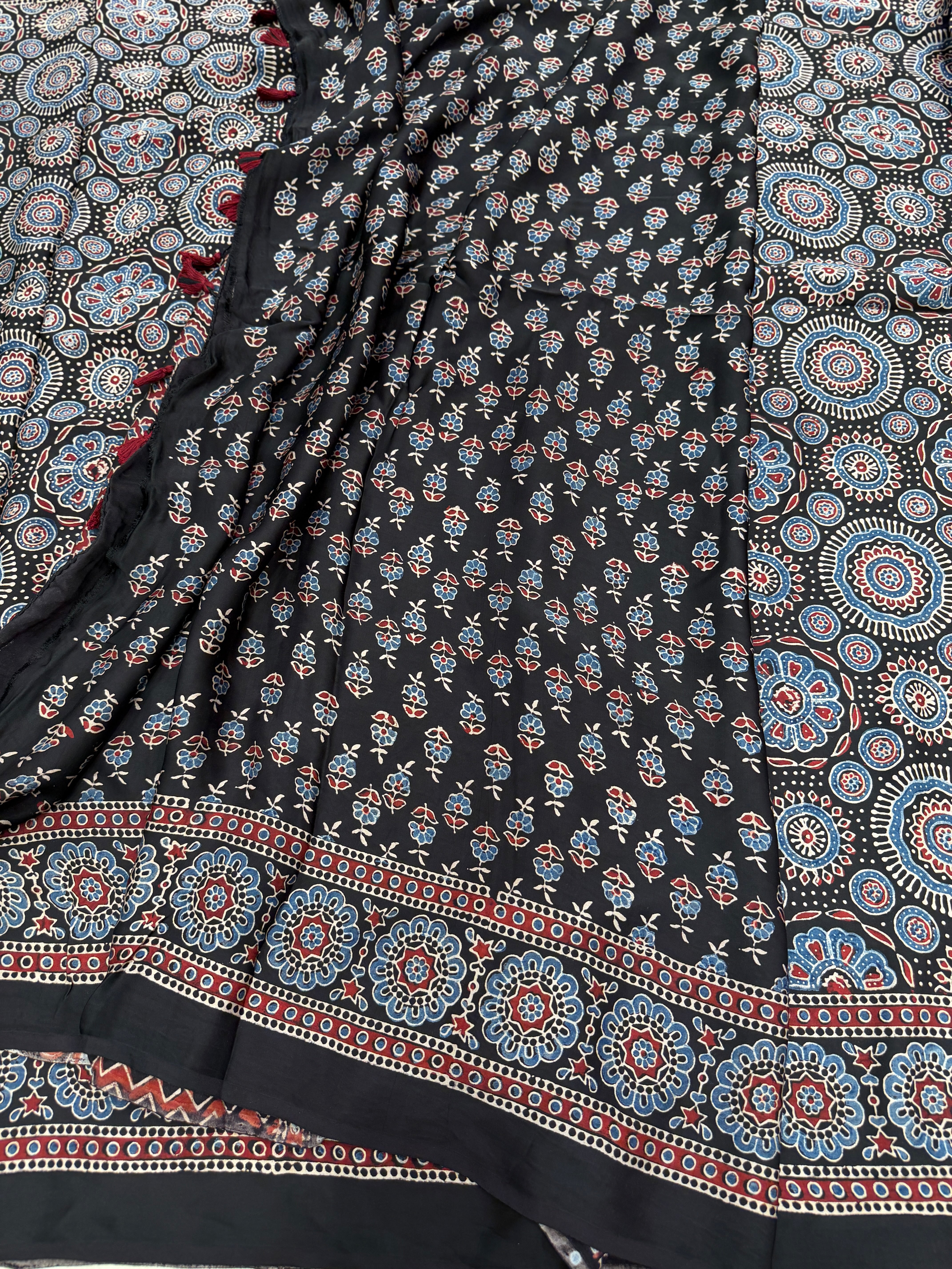 Black Gol Jaal Ajrakh Hand Block Print Pure Gajji Silk Saree