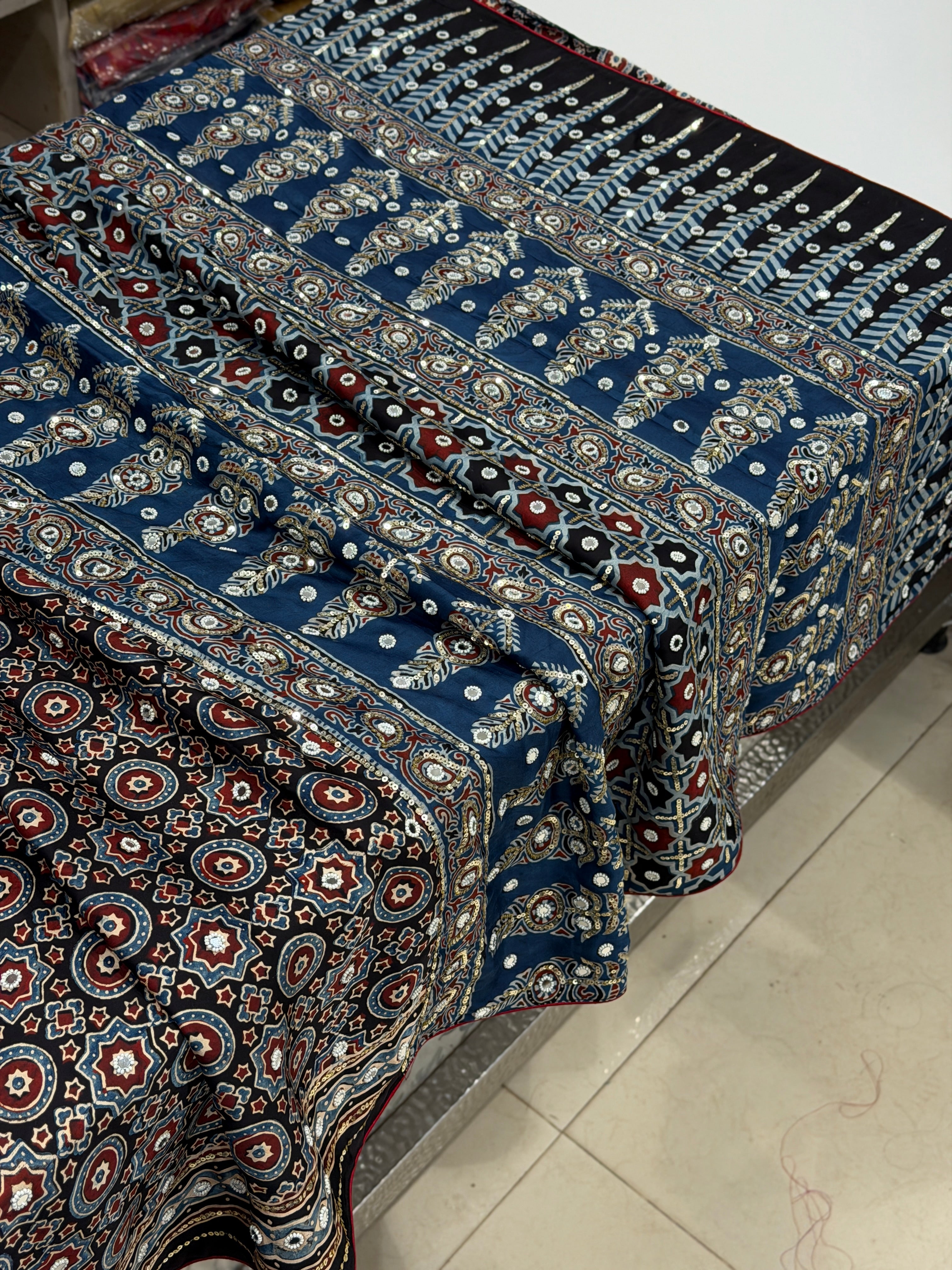 Blue Black Ajrakh Jaal Real Mirror Moti Sequin Hand Embroidery Saree