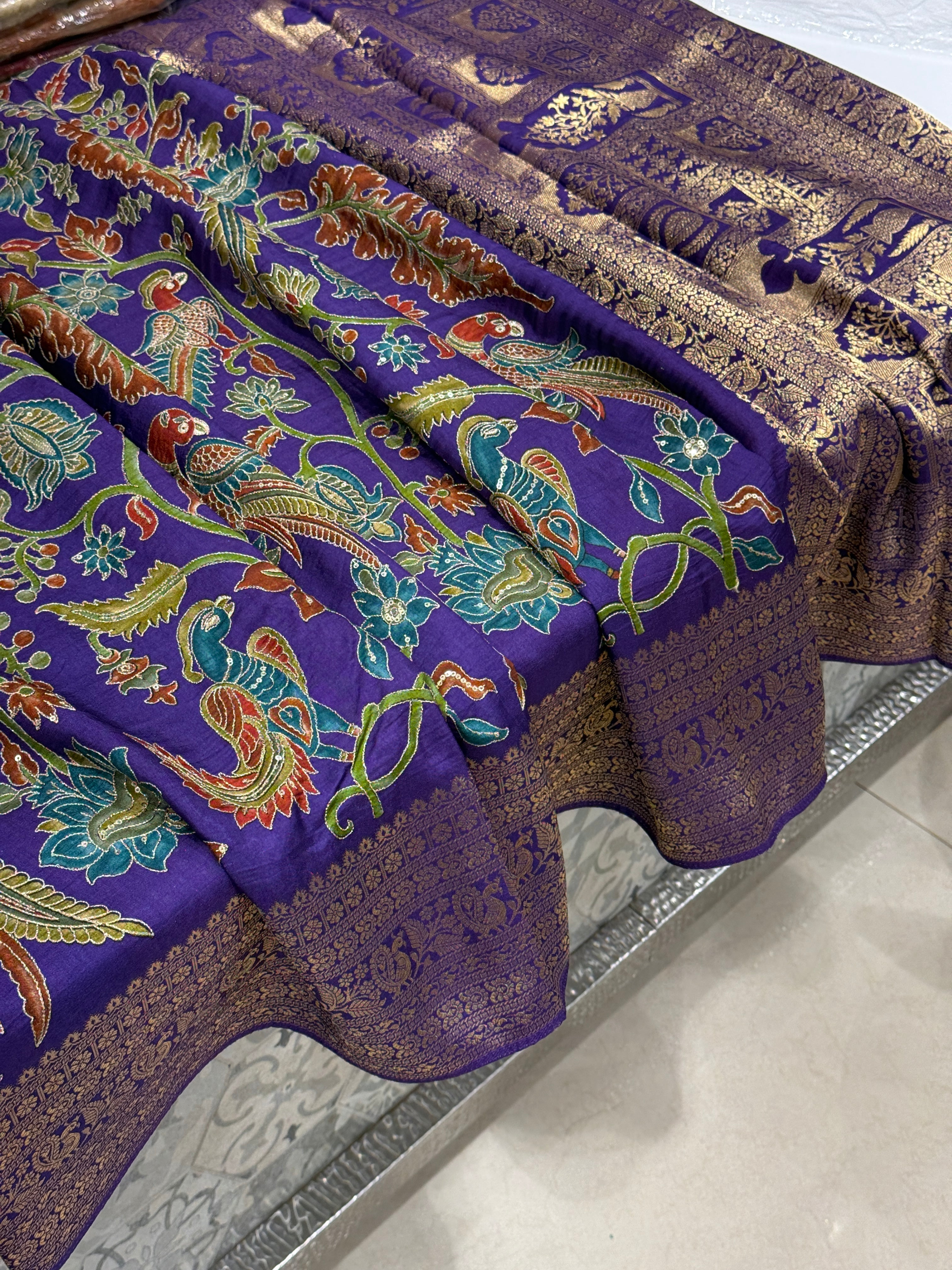 Violet Kalamkari Weave Banarasi Munga Pita Embroidery Saree