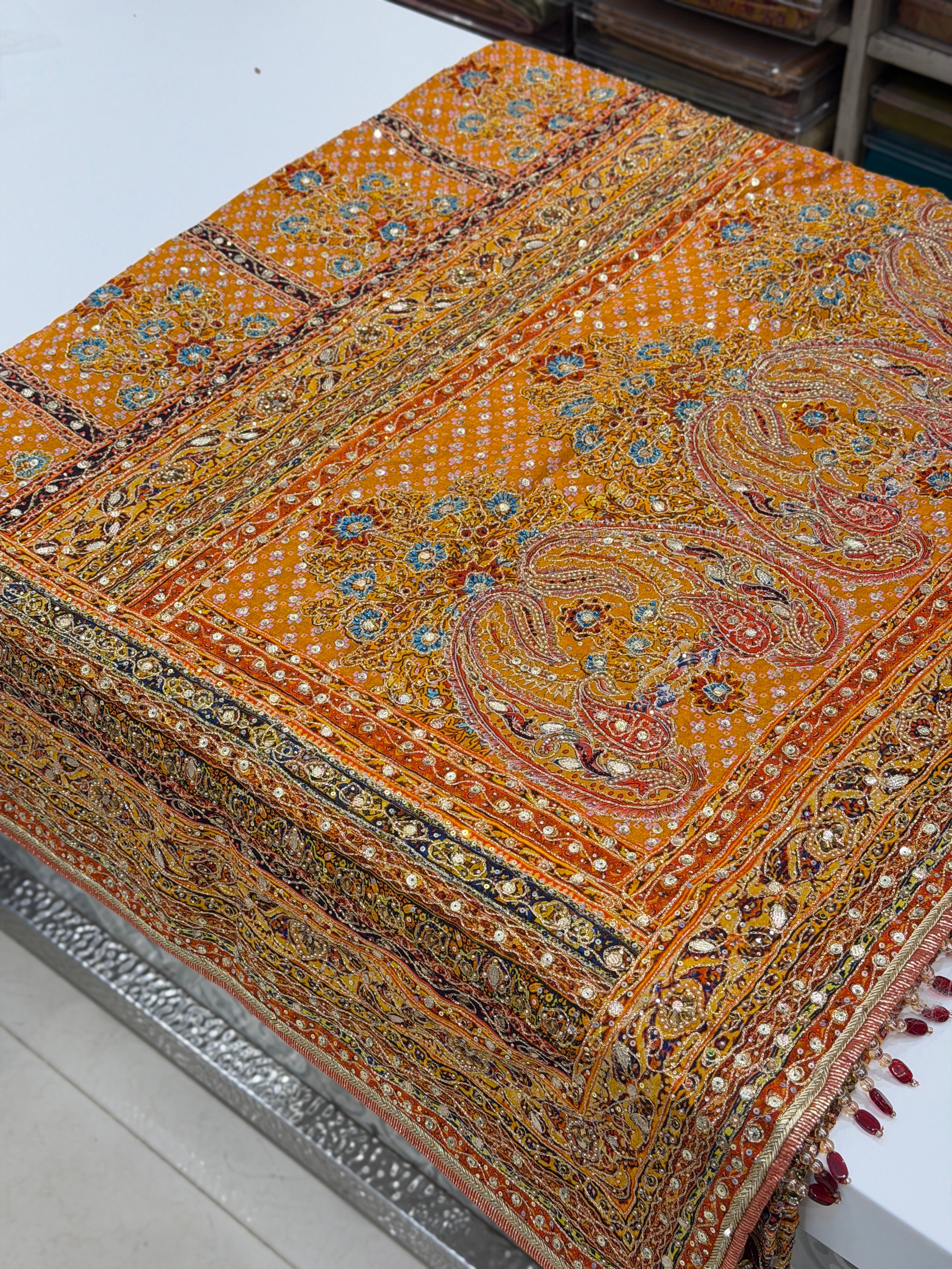 Mustard Yellow TT inspired Banarasi Crepe Hand Embroidery Saree