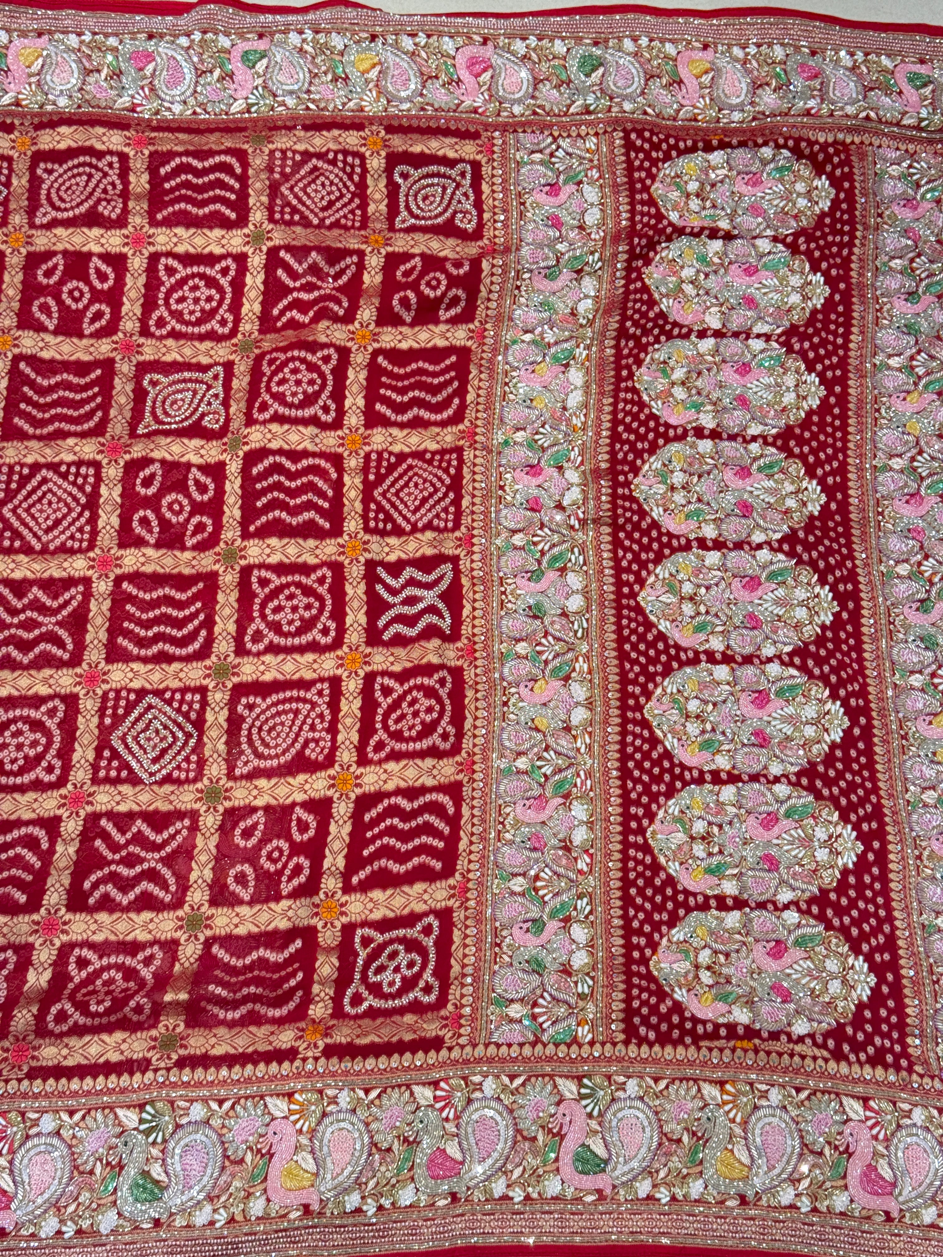 Red Gharchola Moti Sequin Zardosi Hand Embroidery Georgette Saree