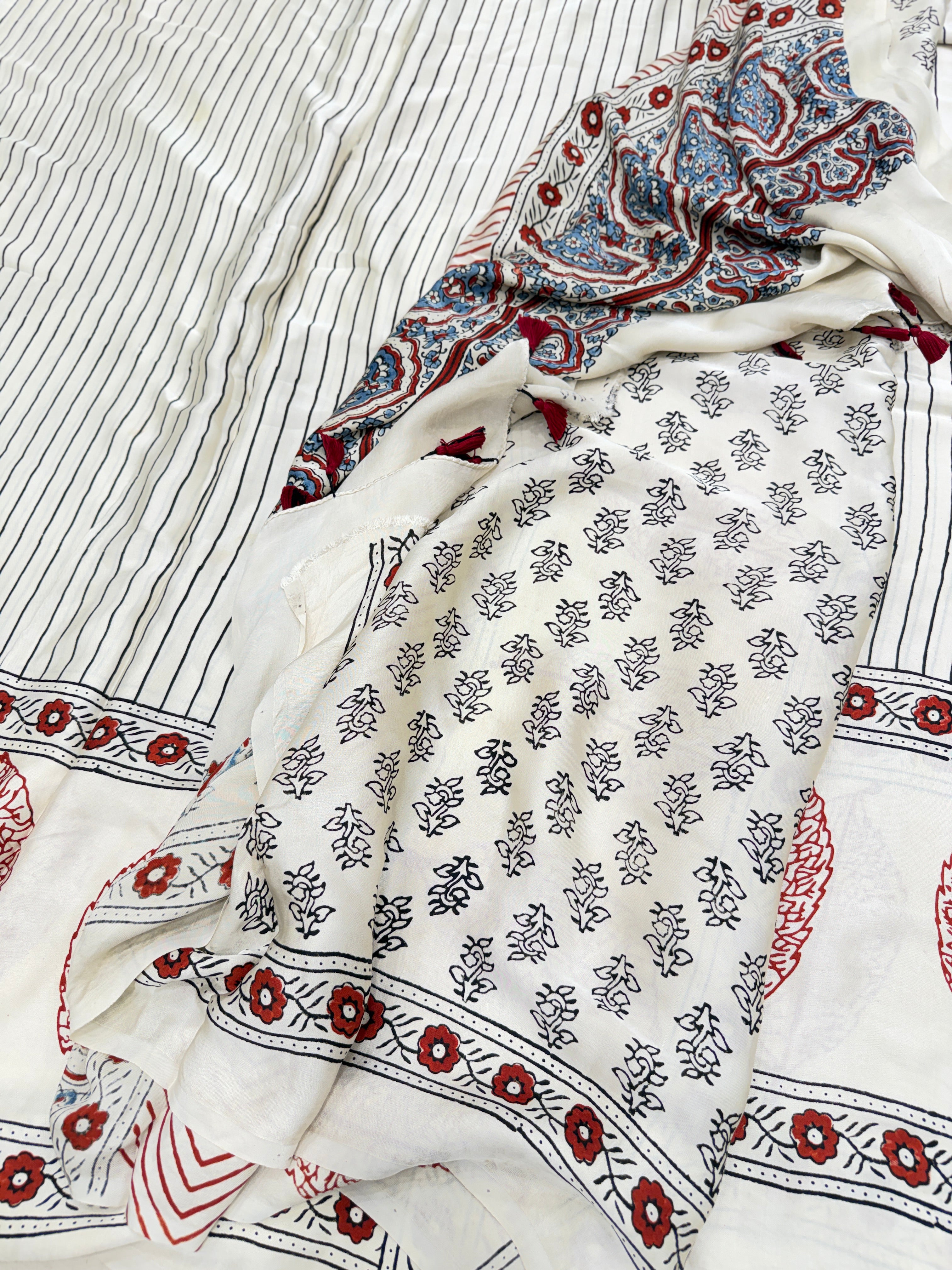 White Red Contemporary Ajrakh Hand Block Print Pure Gajji Silk Saree