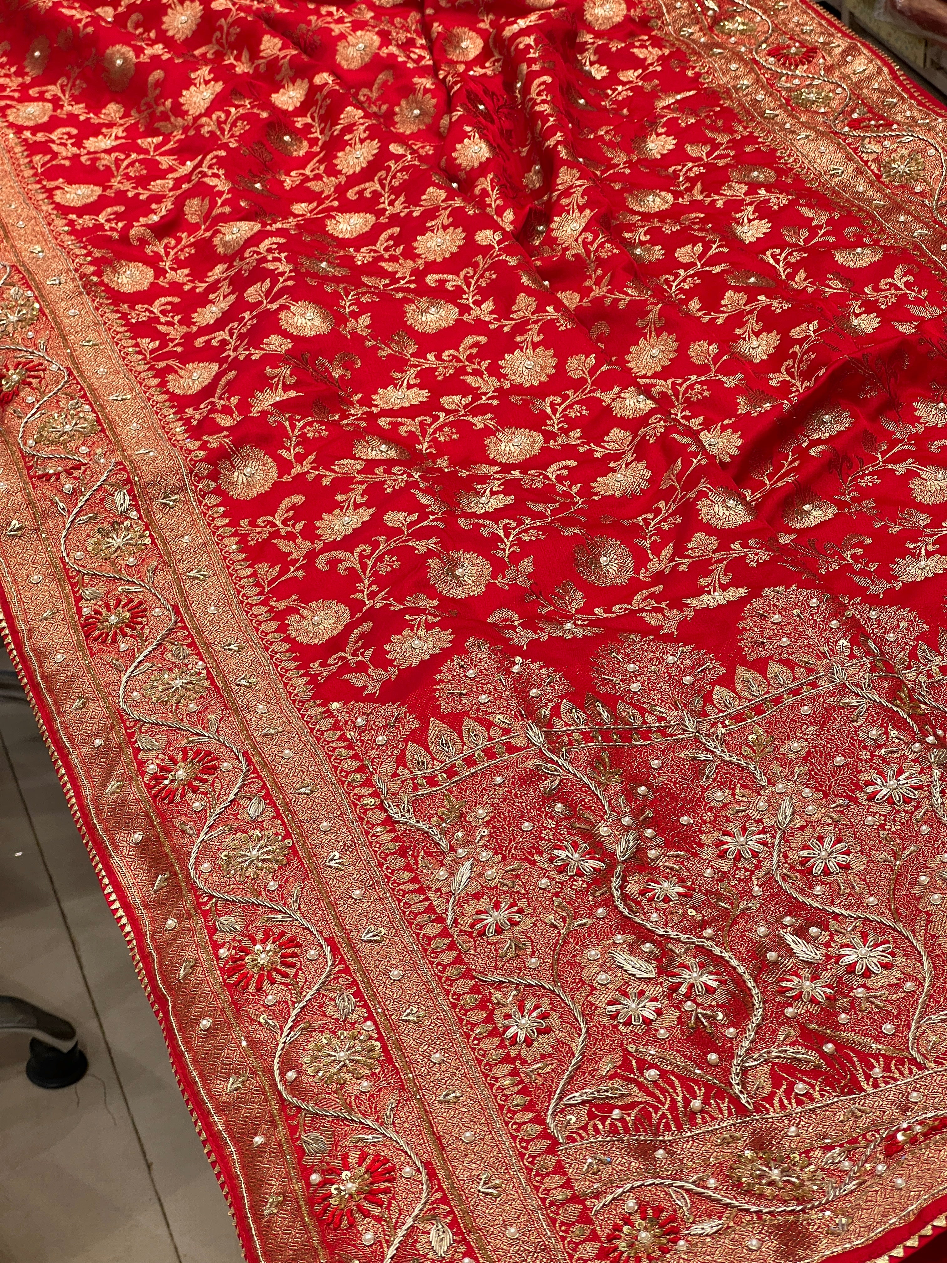 Red Banarasi Small Jaal Resham Embroidery Saree