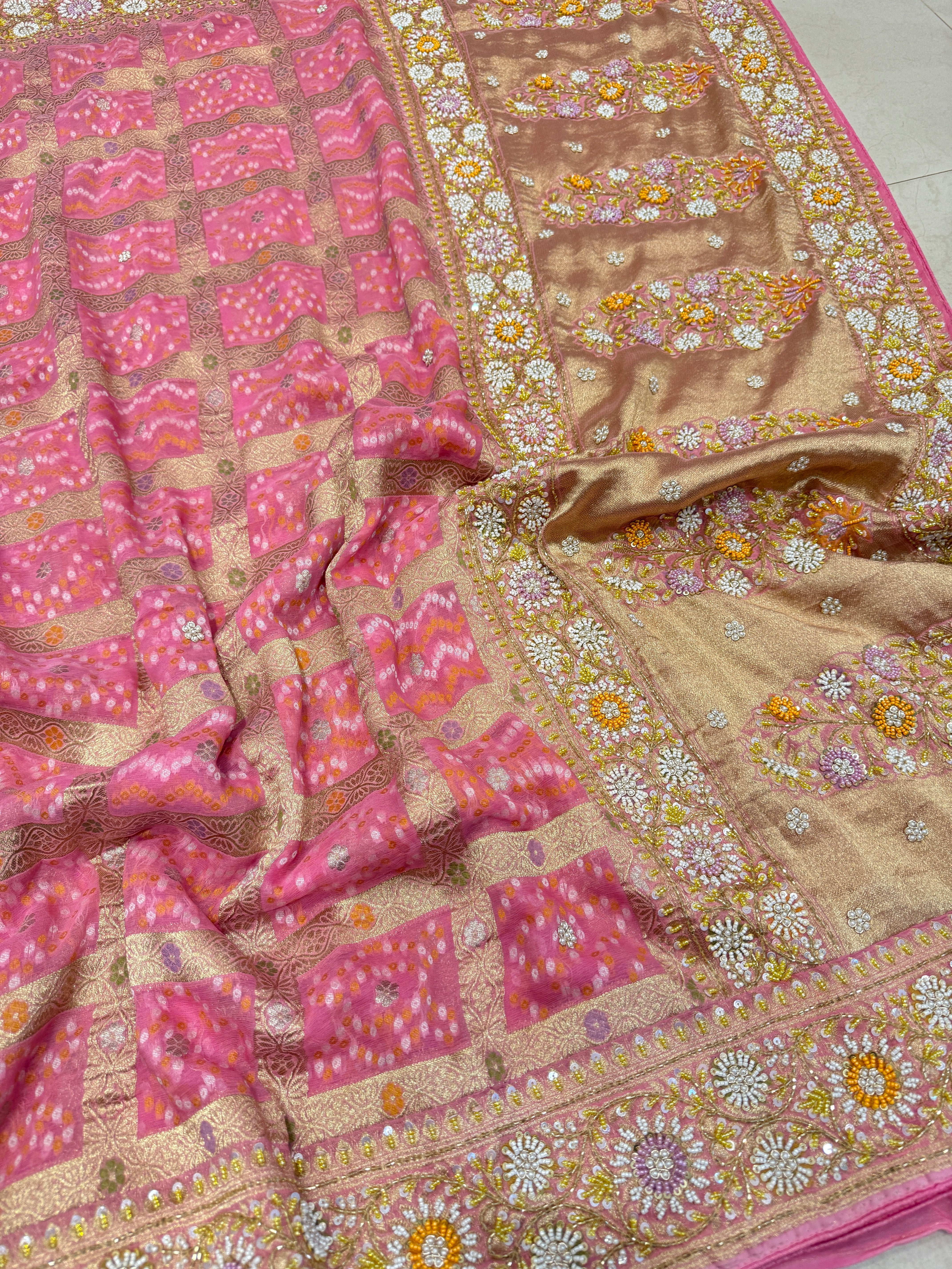 Pink Gharchola Meenakari Georgette Moti Zardosi Hand Embroidery Saree
