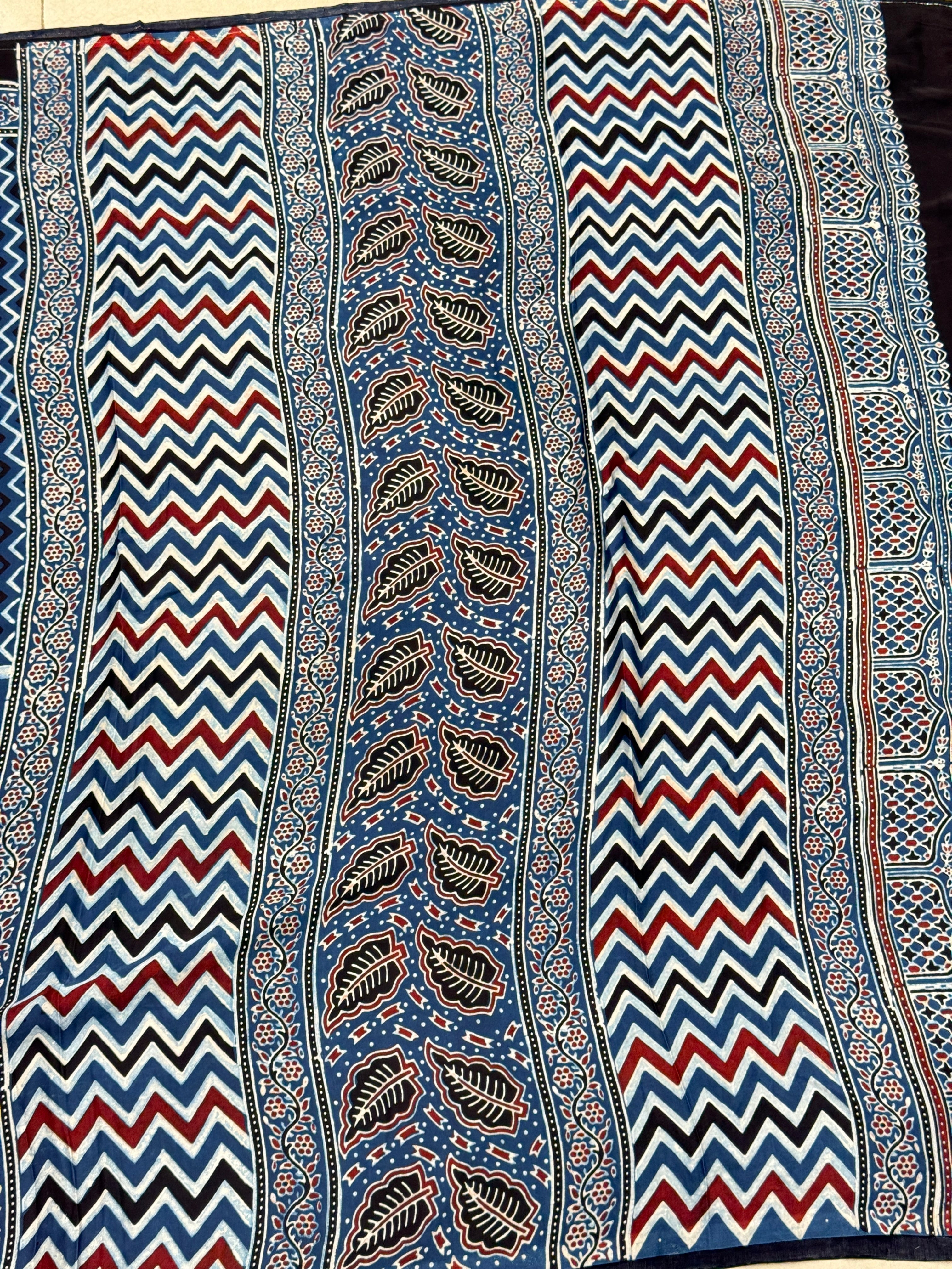 Blue Zig Zag Pallu Contemporary Modal Gajji Silk Ajrakh Saree