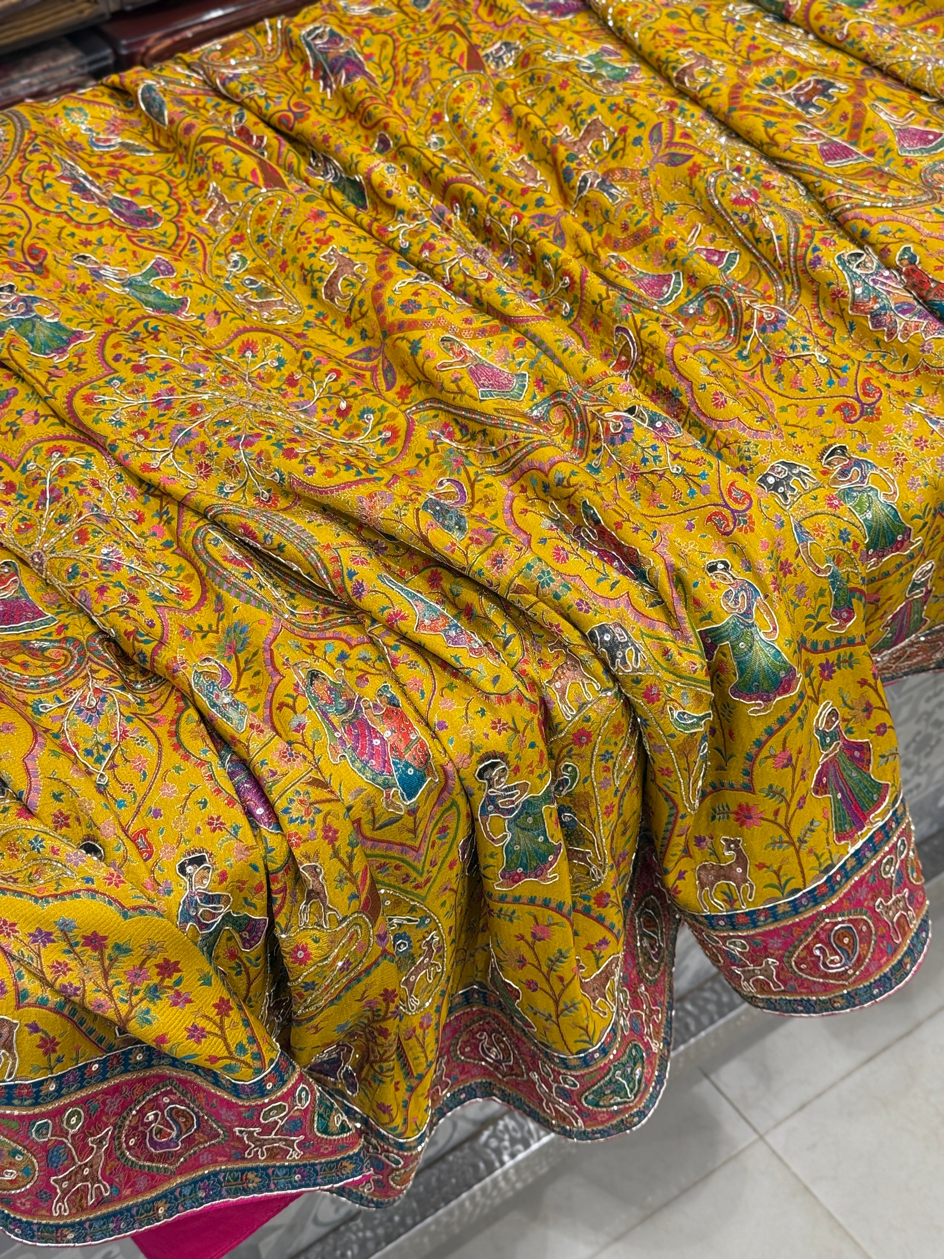 Yellow Pashmina Baluchari Style Hand Embroidery Saree