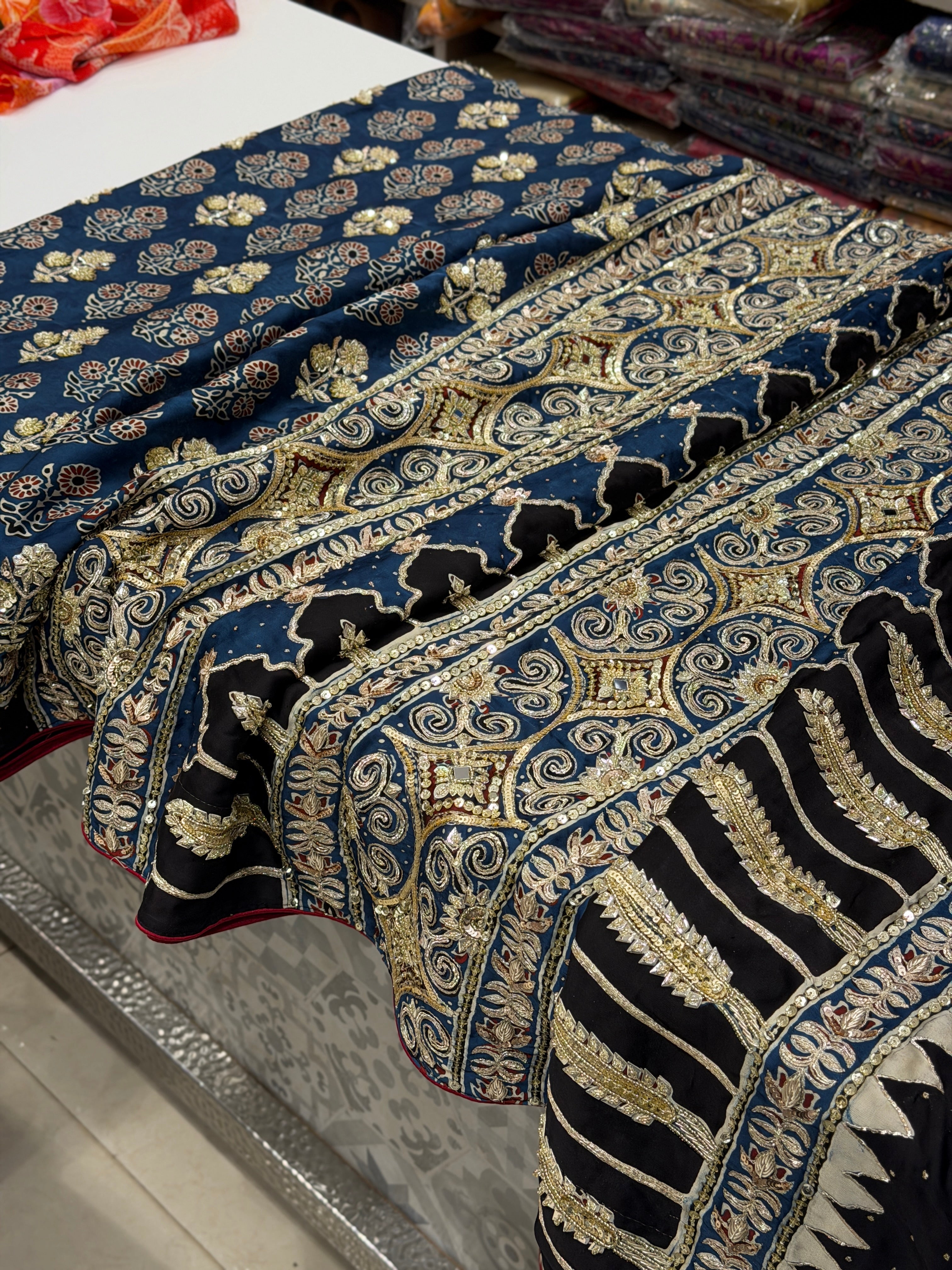 Blue Buttas Pita Zardosi Sequin Ajrakh Hand Embroidery Saree