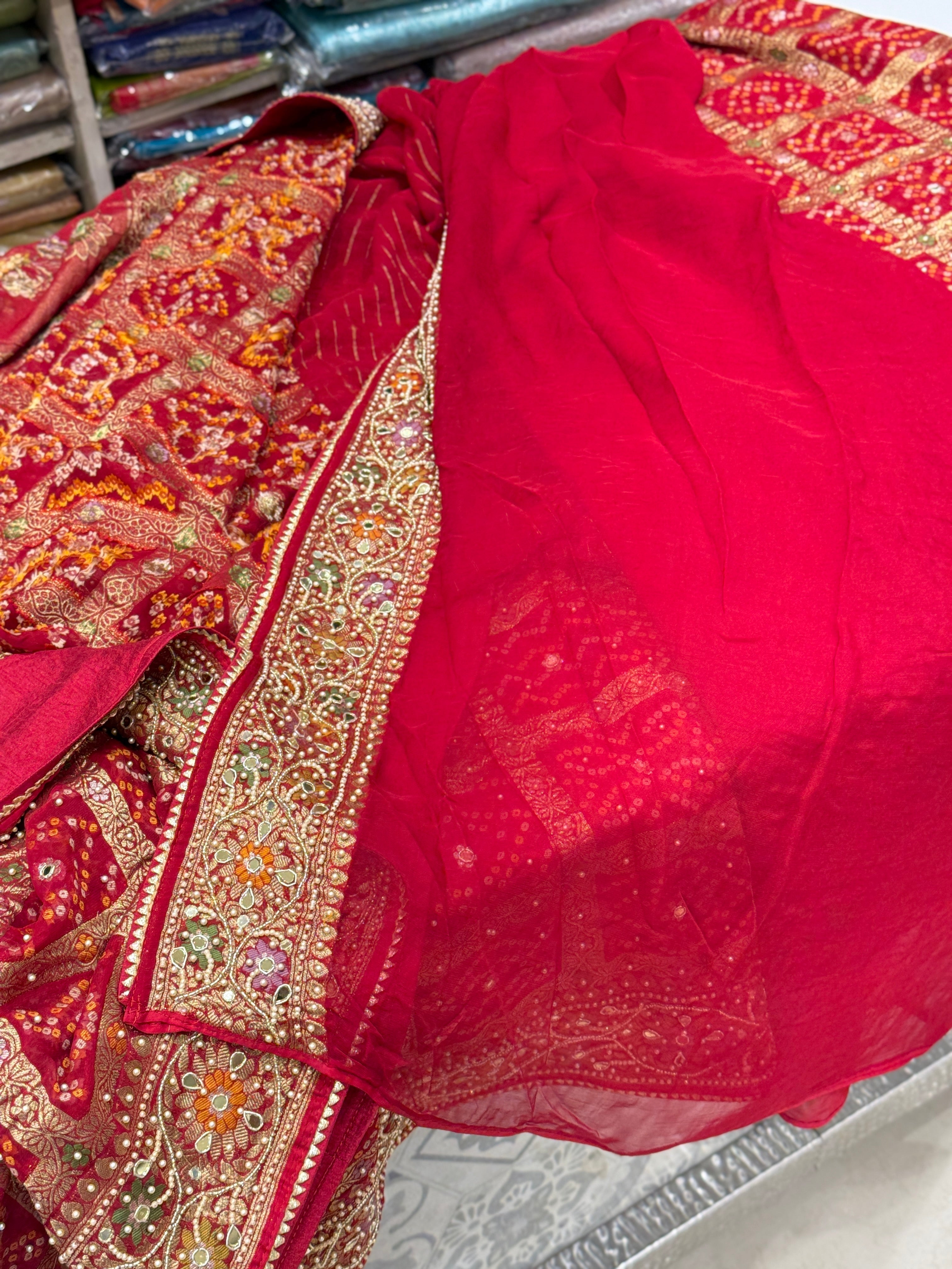 Red Gharchola Meenakari Moti Hand Embroidery Saree