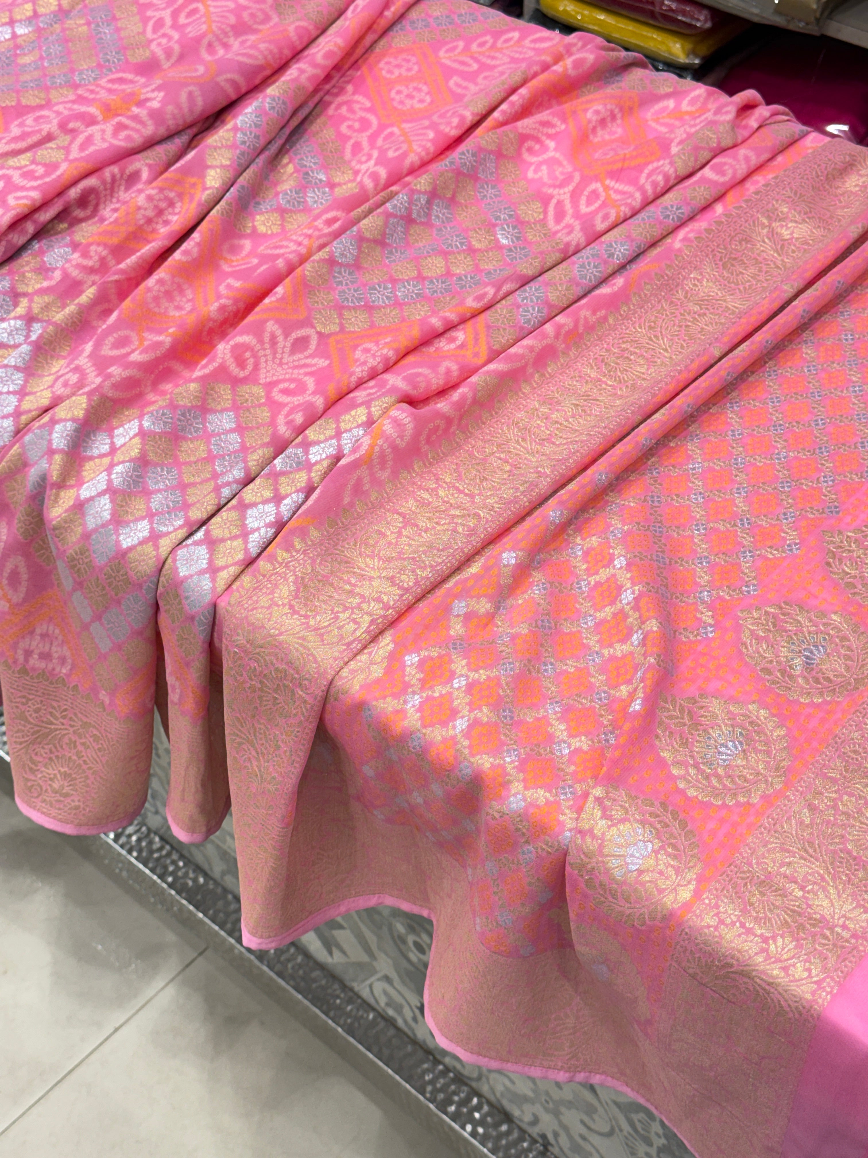 Pink Woven Bandhej Sona Roopa Georgette Saree with contrast Blouse