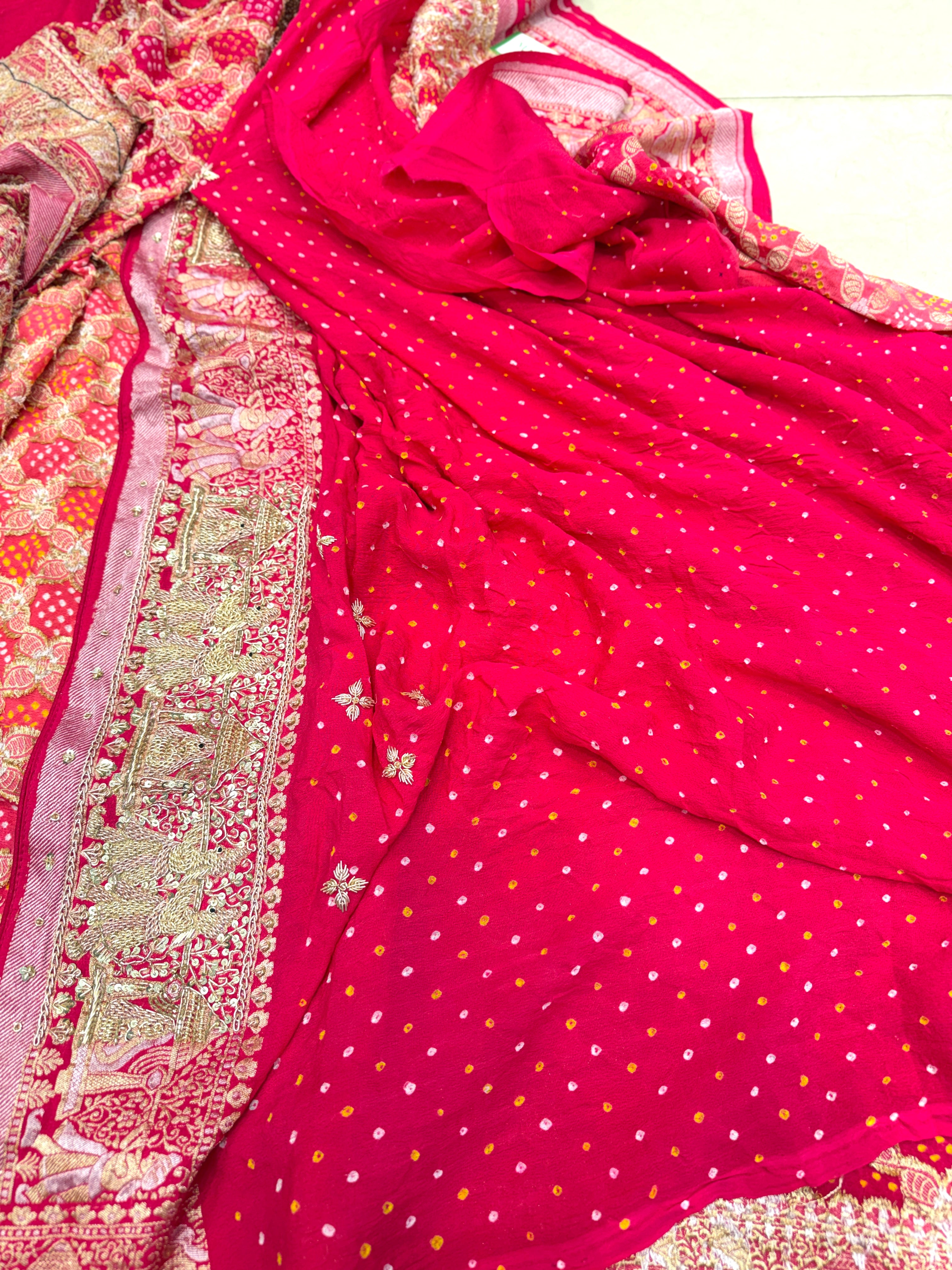 Strawberry Shaded Bandhej Zardodi Doli Edit Hand Embroidery Saree