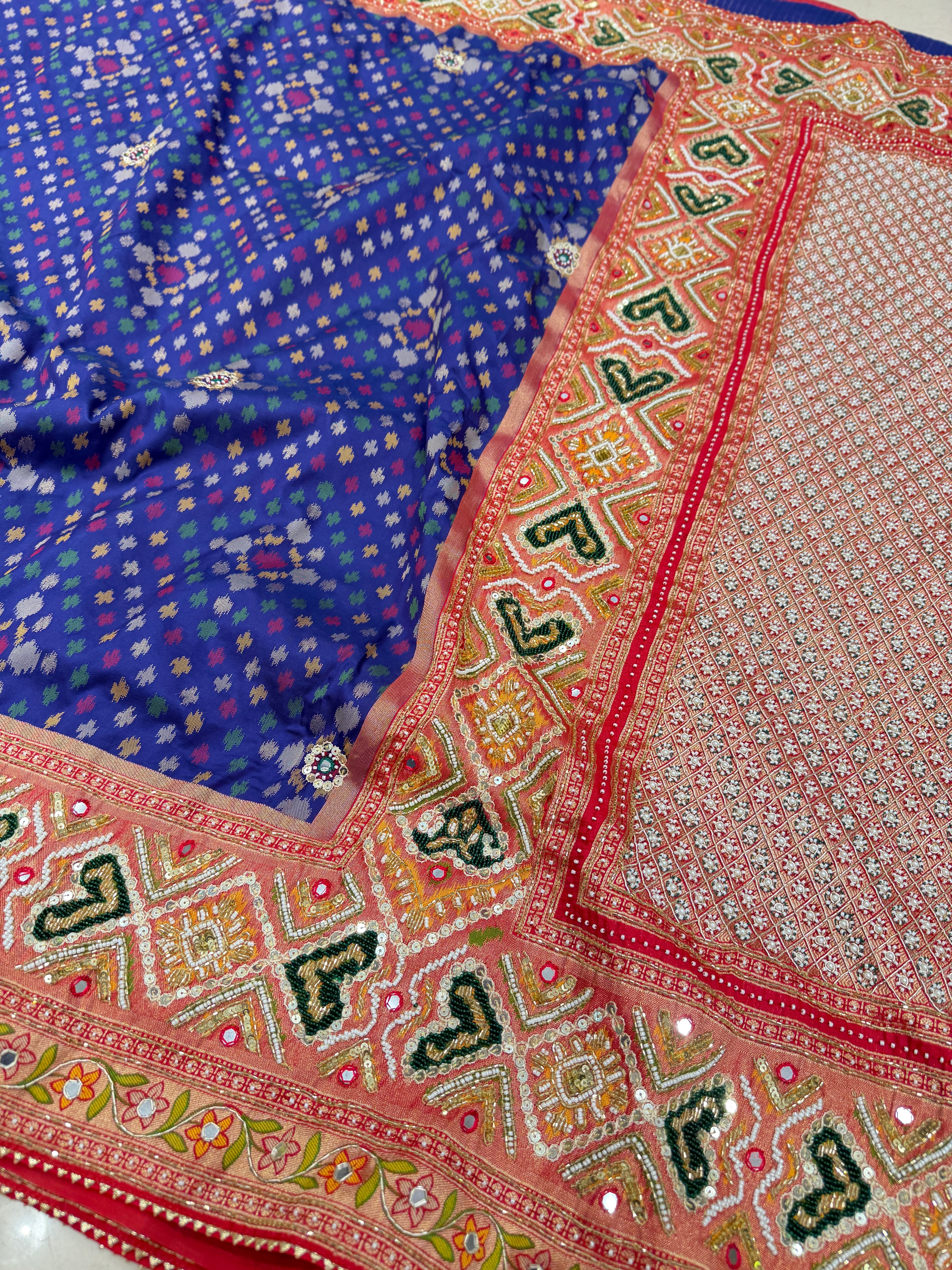 Blue Banarasi Ikat Patola Moti Hand Embroidery Saree