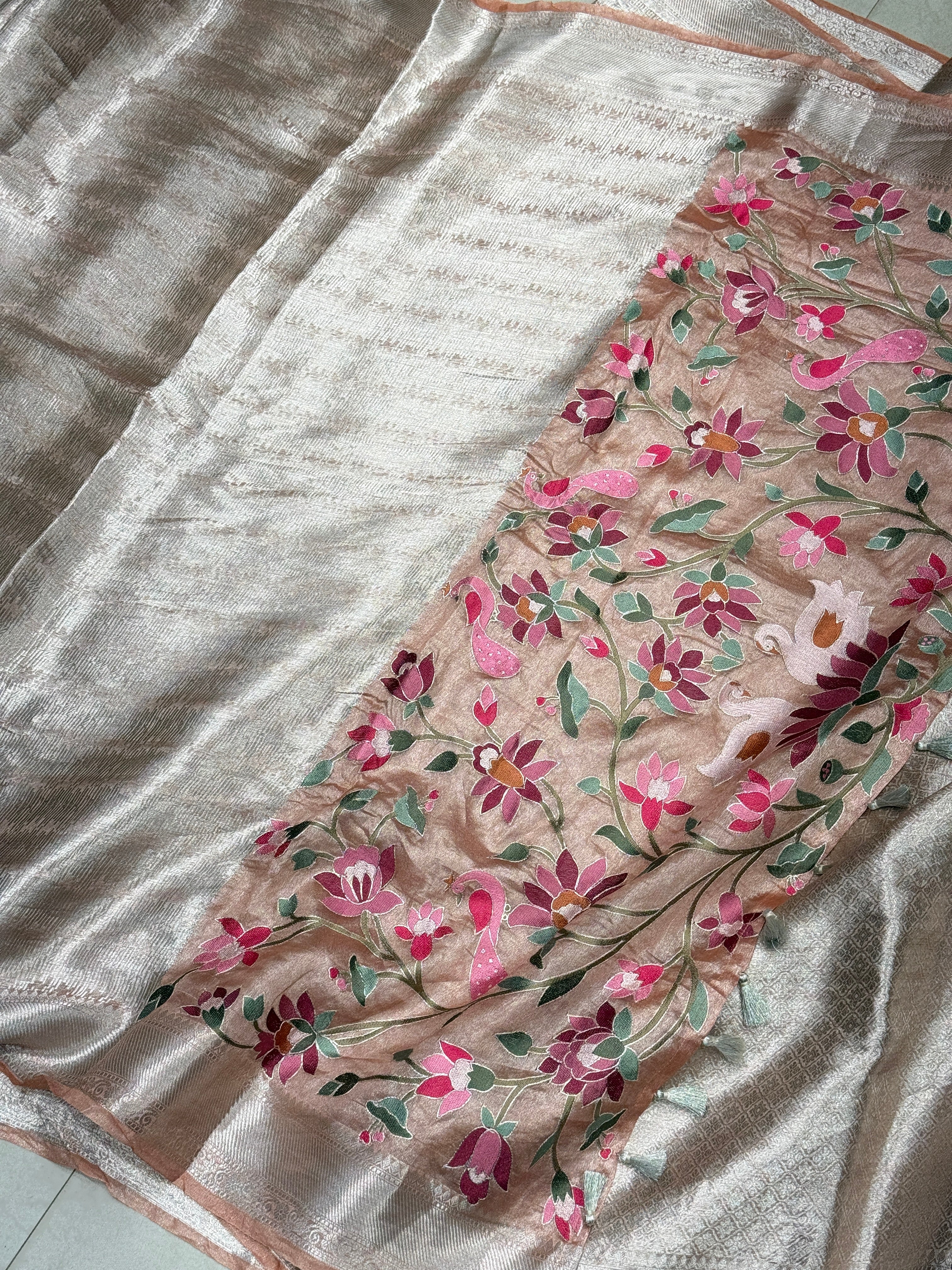 Peach Silver Handloom Tissue Swans Contemporary Resham Embroidery Saree
