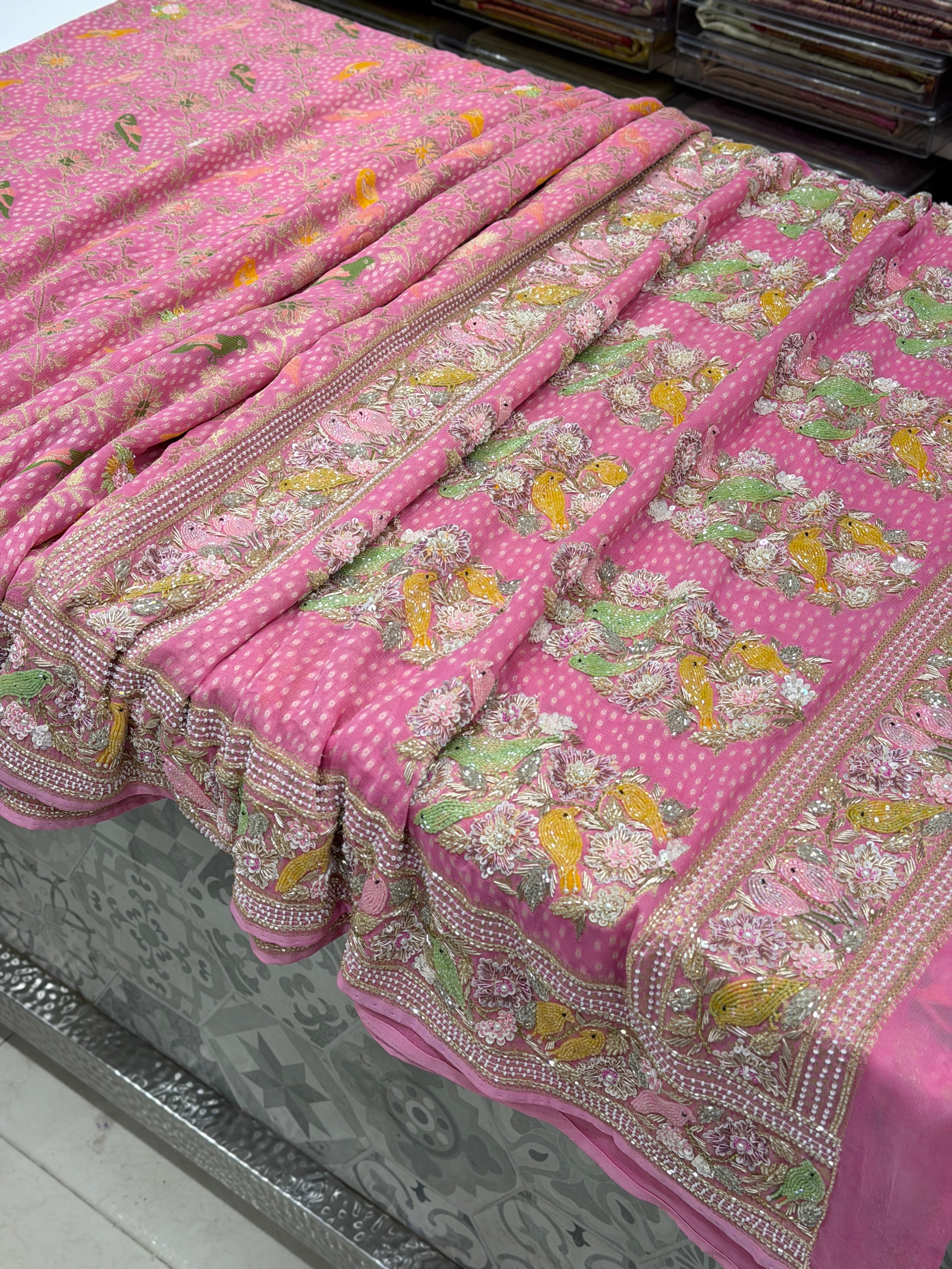Pink Weaved Bandhej Parrot Motifs Georgette Moti Zardodi Hand Embroidery Saree