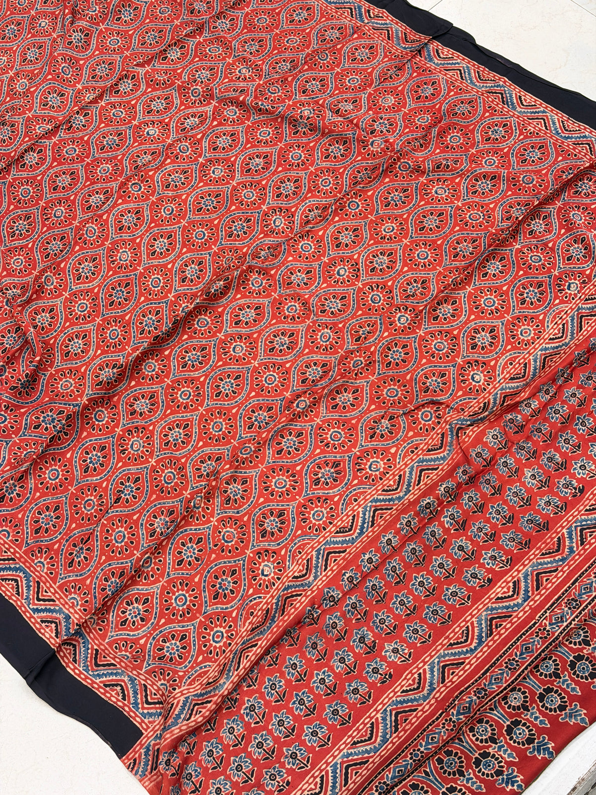 Red Badam Jaal Ajrakh Hand Block Print Pure Gajji Silk Dupatta