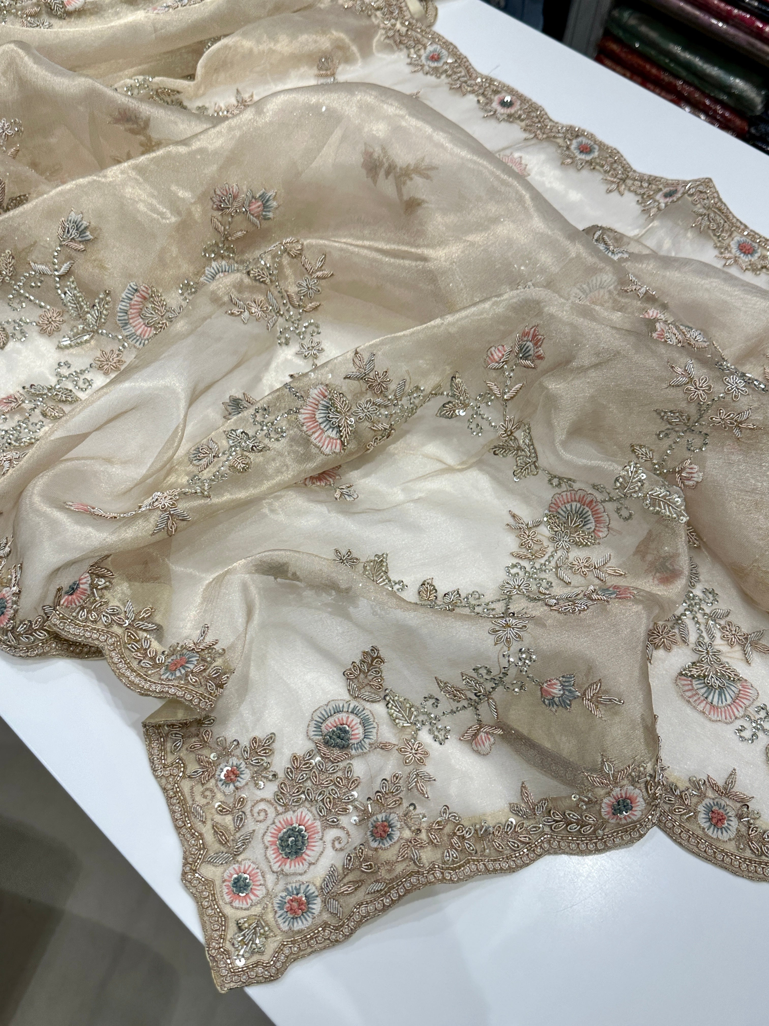 Light Gold Tissue Zardosi Resham Knot Hand Embroidery Saree