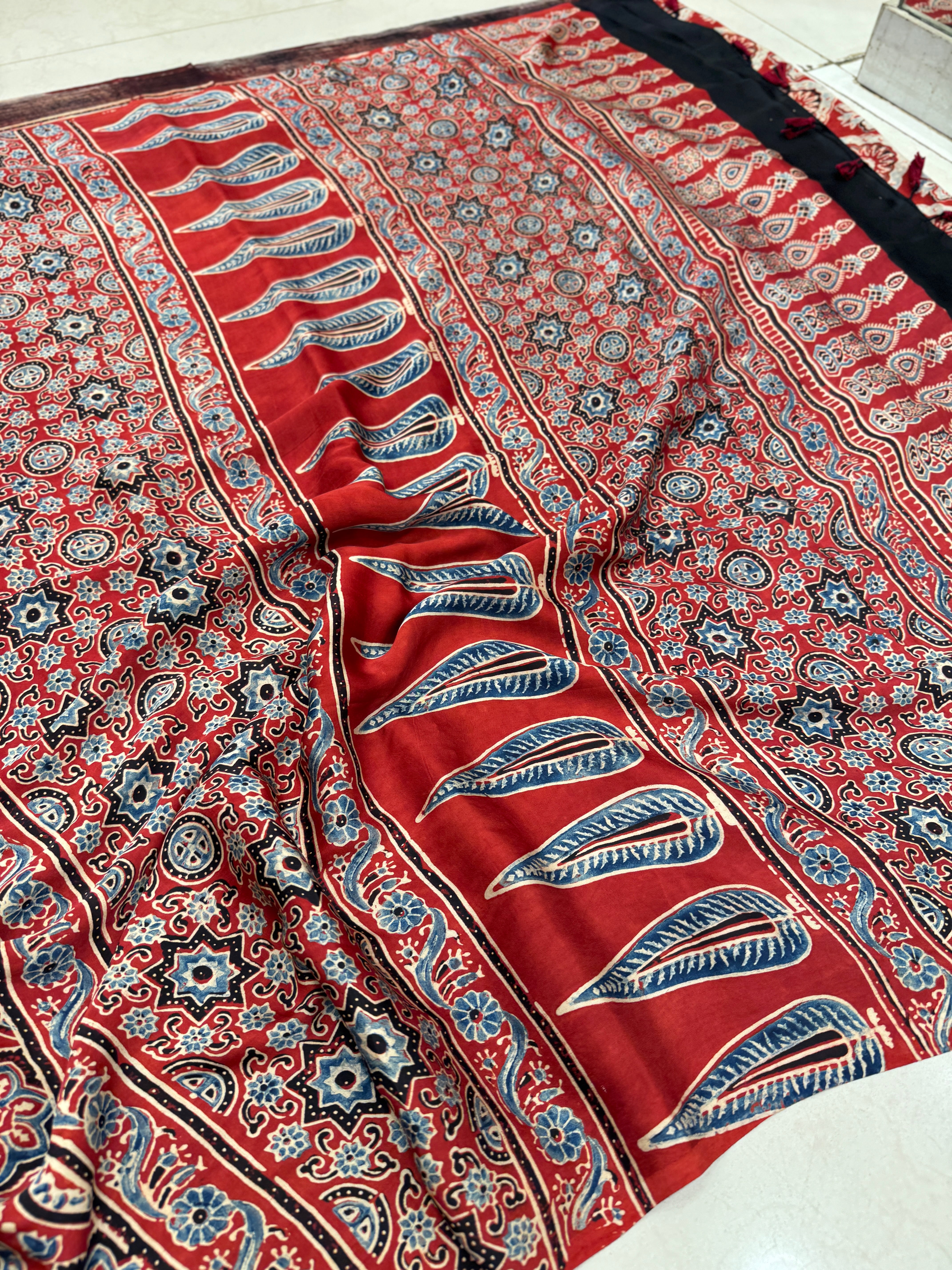 Red Jewelled Badam Butti Ajrakh Gajji Hand Block Print Saree