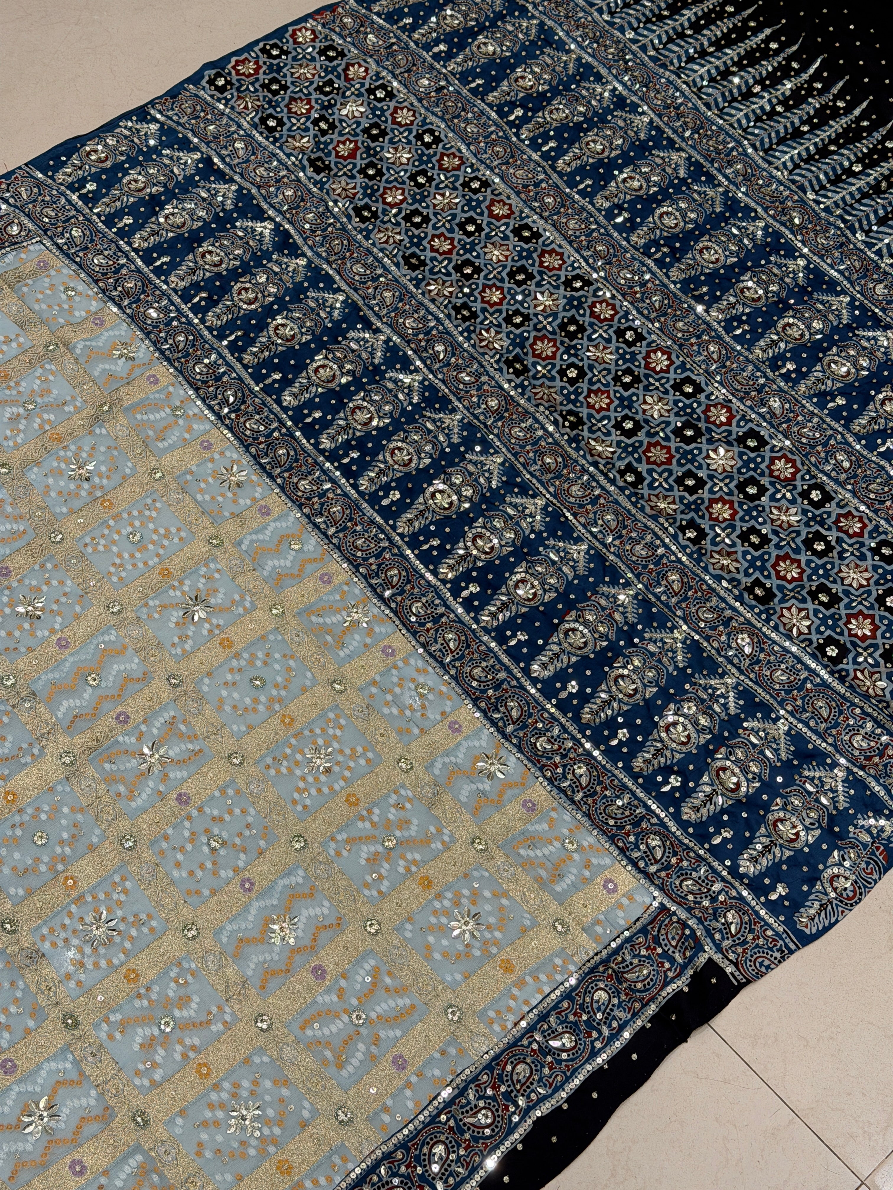 Light Blue Gharchola Ajrakh Hand Embroidery Saree
