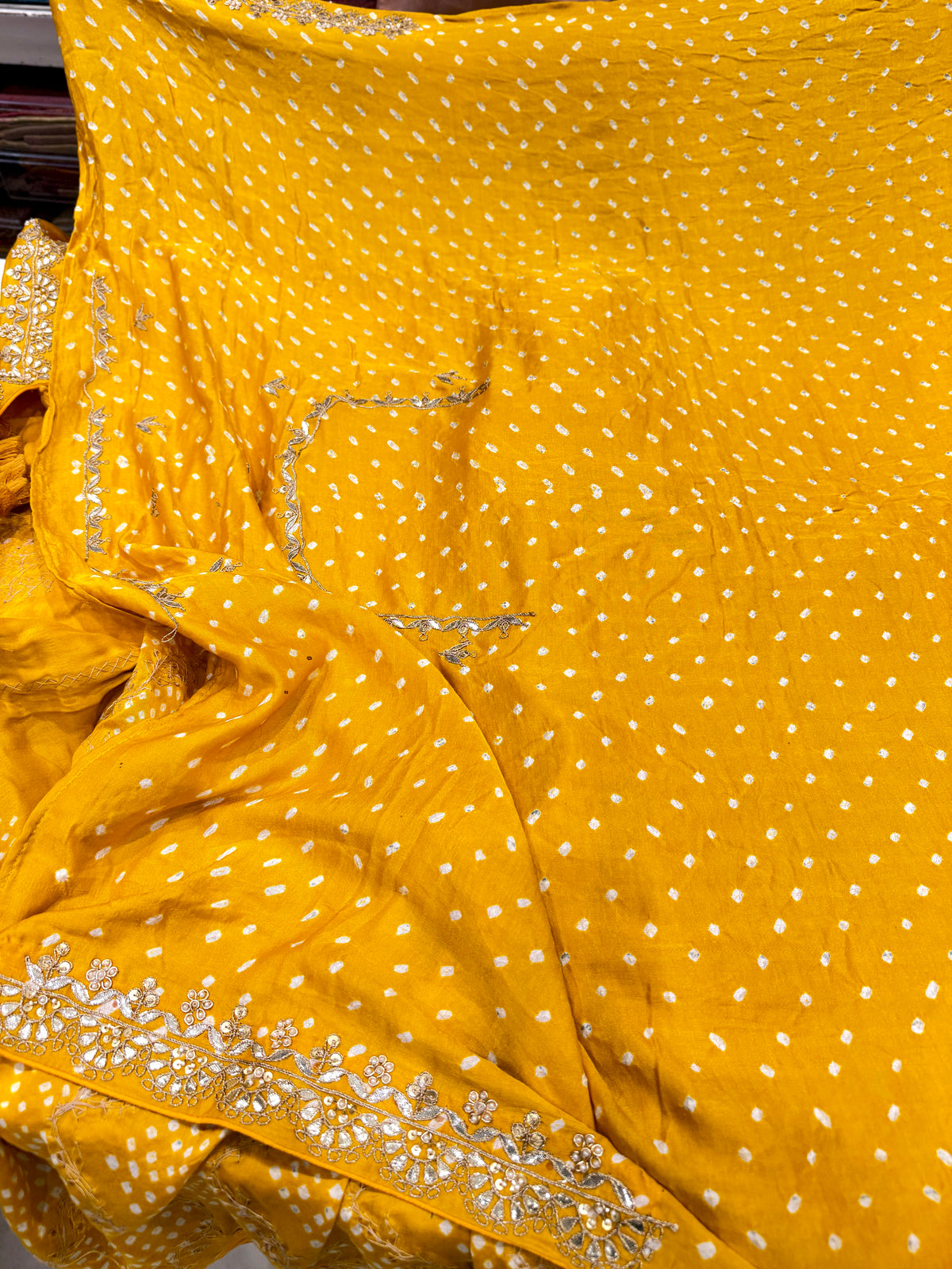 Yellow Jaal Faabiiana Inspired Gajji Silk Rai Bandhej Gotapatti Marodi Hand Embroidery Saree