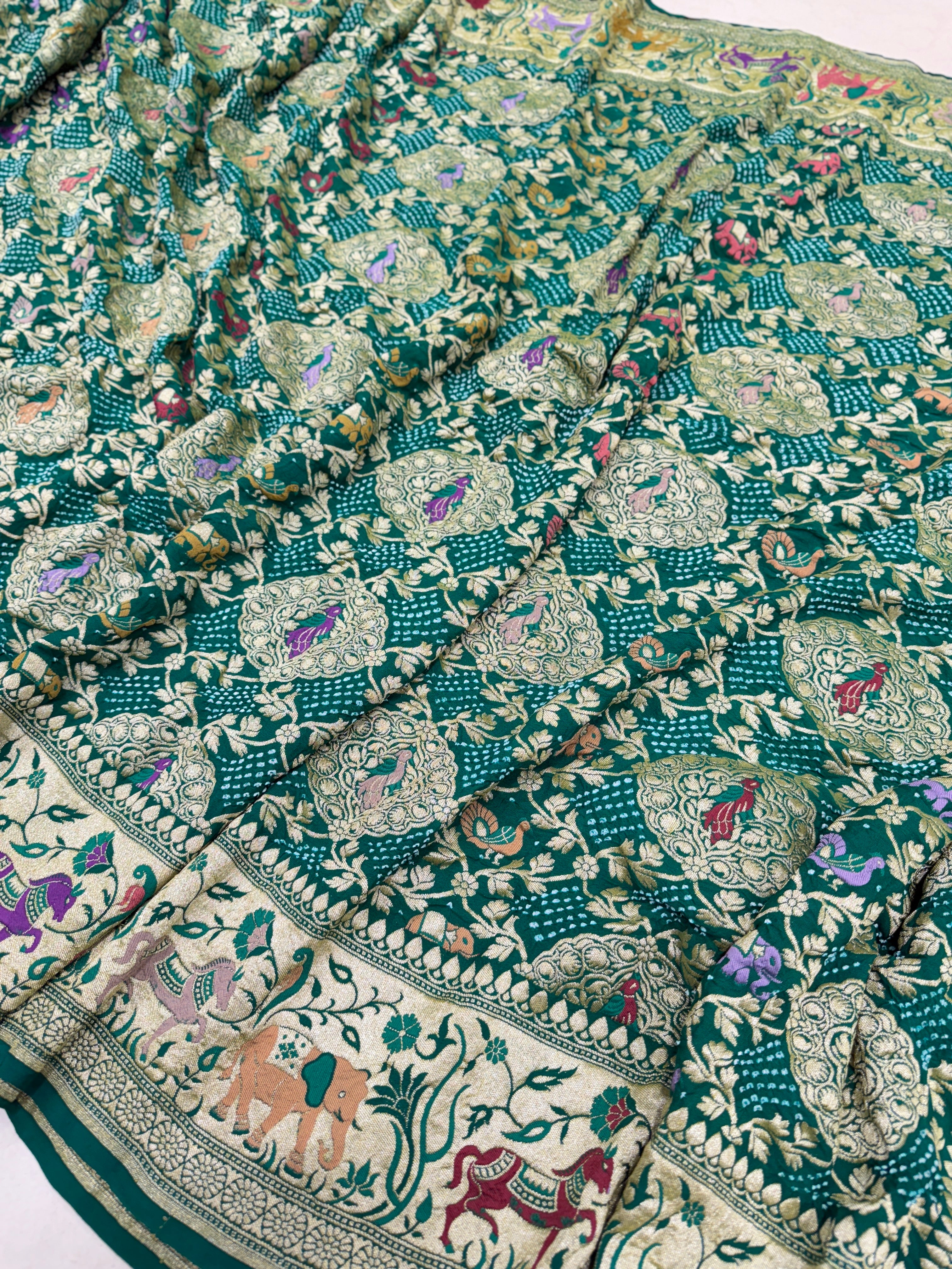 Bottle Green Bandhej Meenakari Kadwa Saree