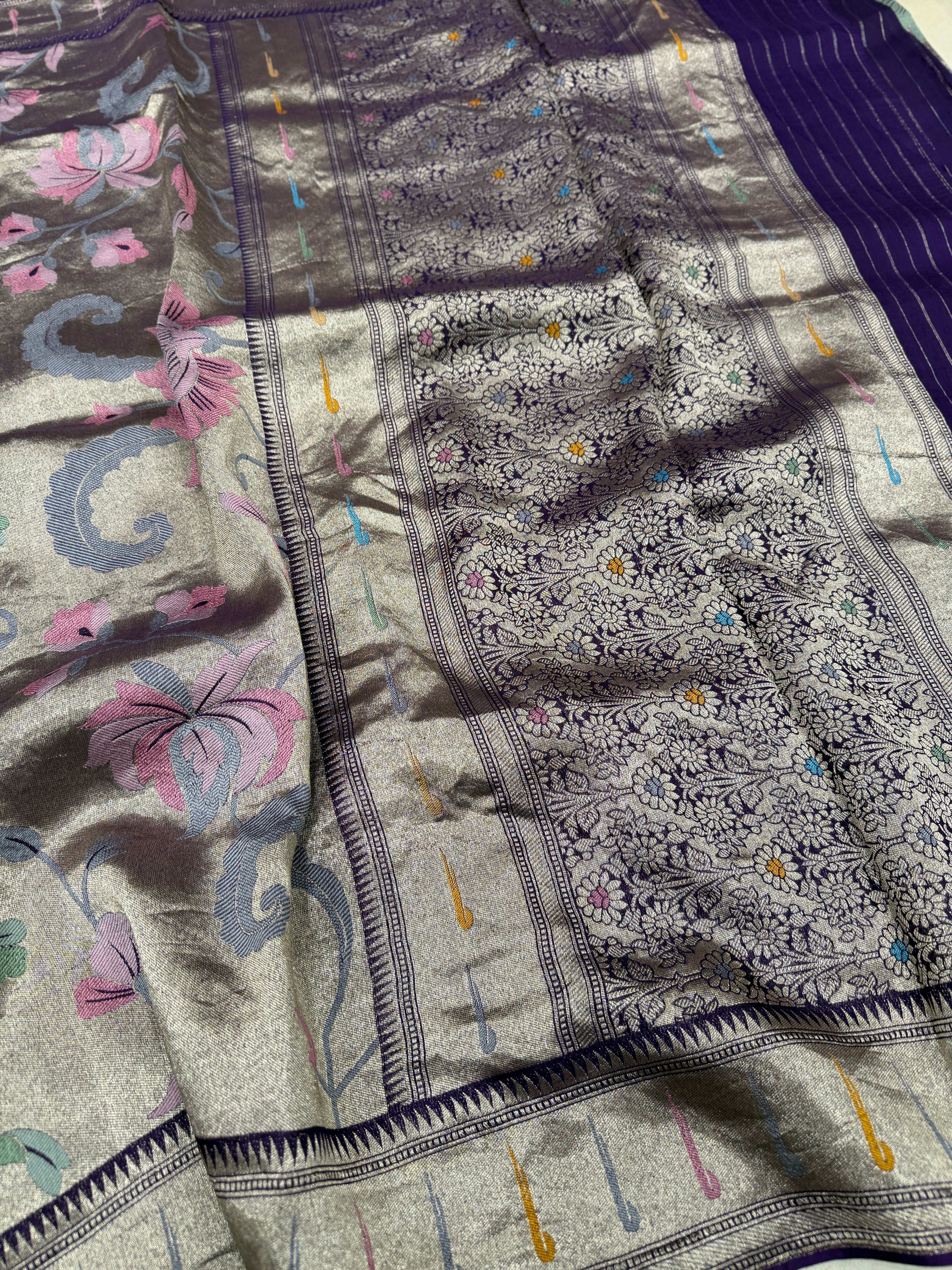 Violet Silver Meenakari Muniya Tissue Munga Banarasi Paithani Saree
