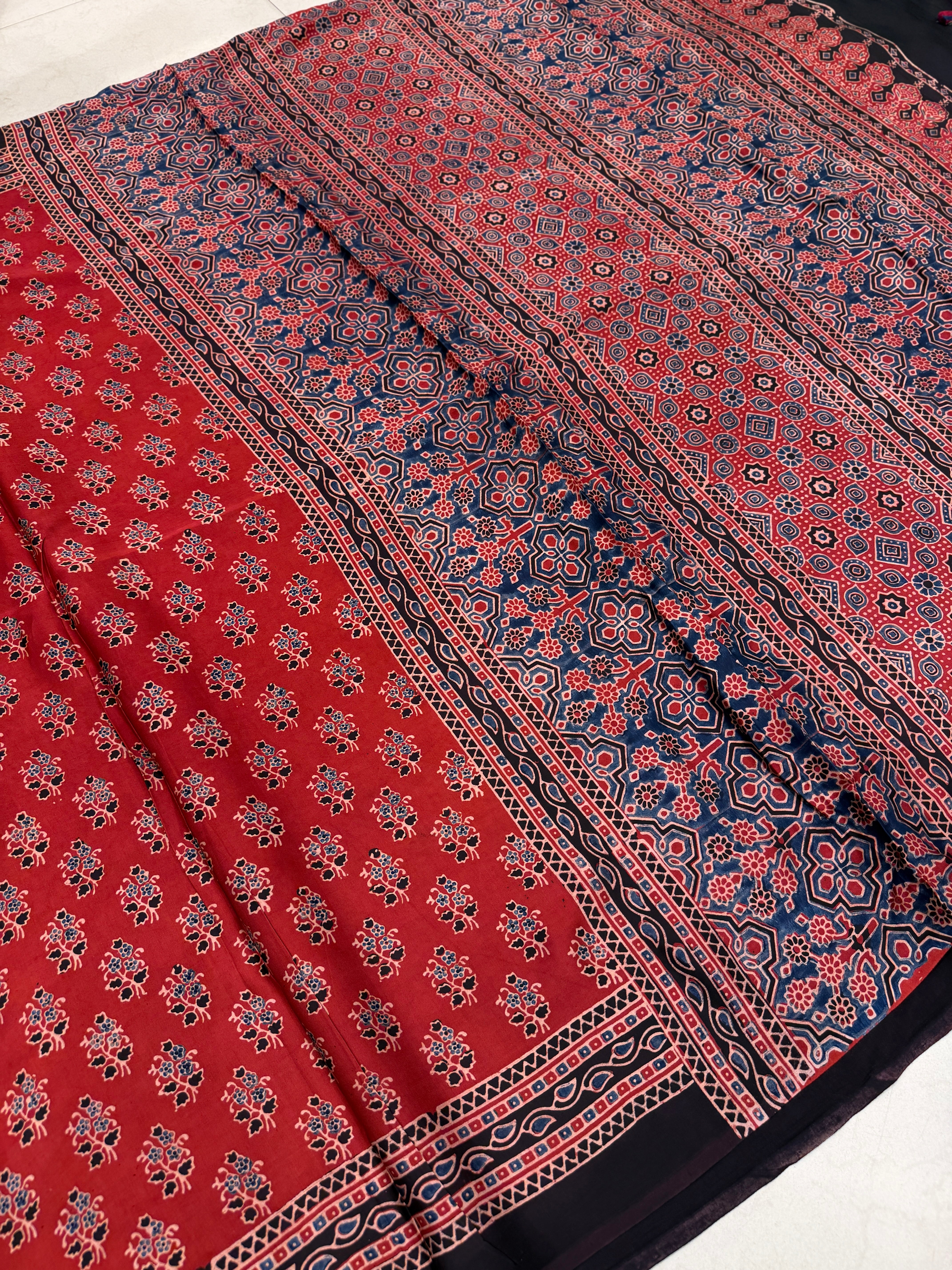 Red Buttis Ajrakh Block Print Hand Pure Gajji Silk Saree