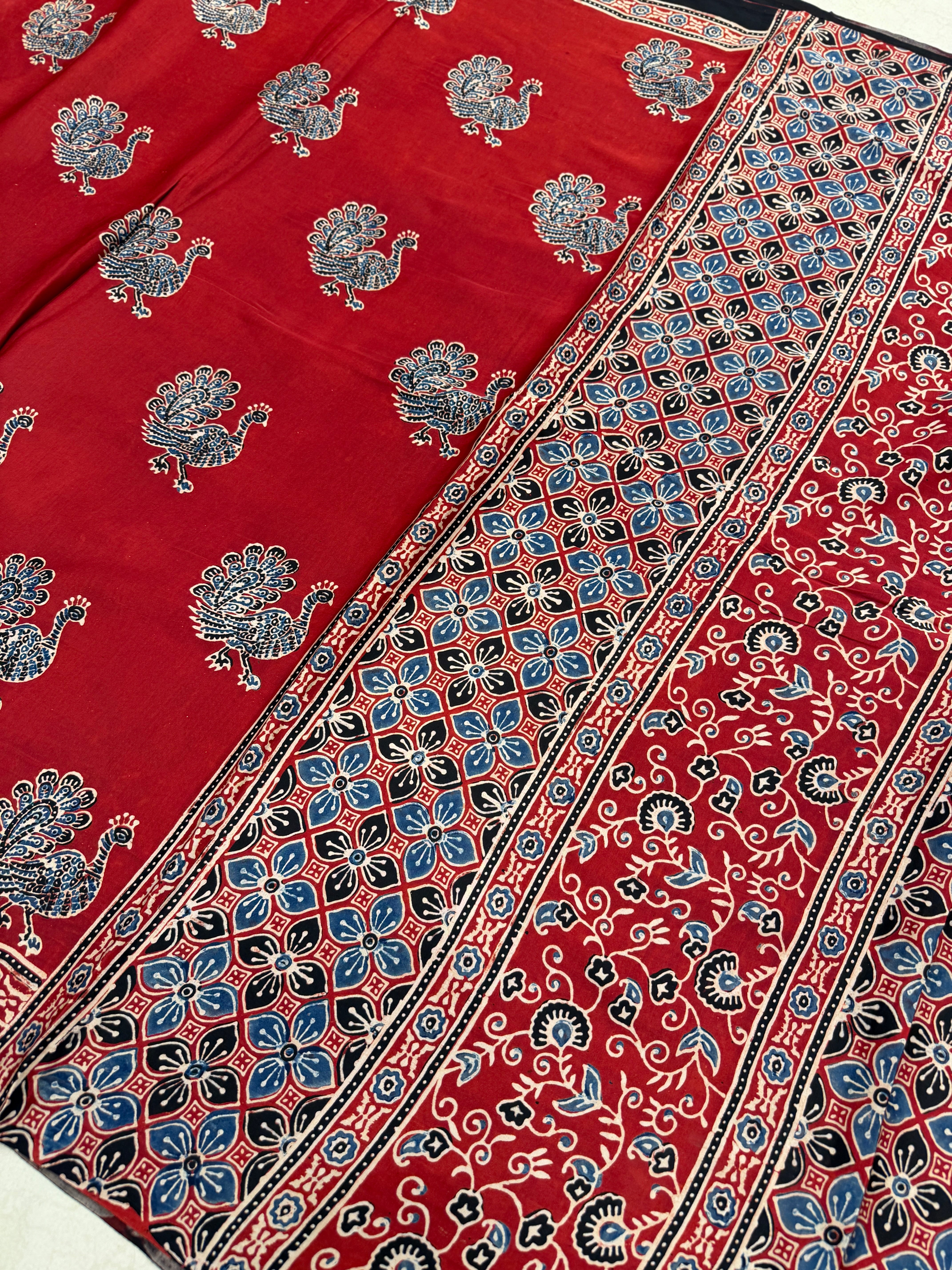 Red Peacock Motif Ajrakh Block Print Hand Pure Gajji Silk Saree