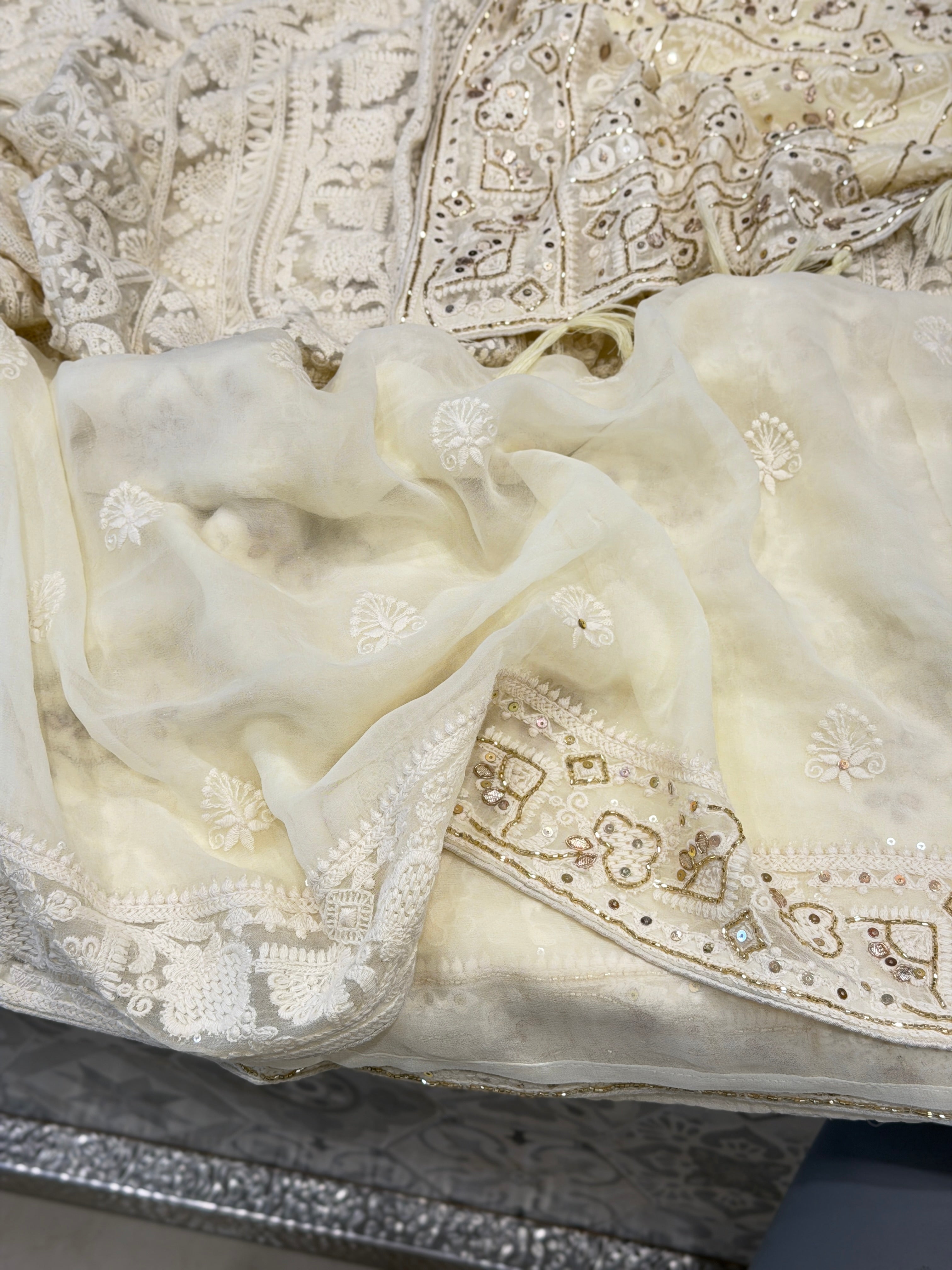 Moti White Chikankari Georgette Cutdana Embroidery Saree