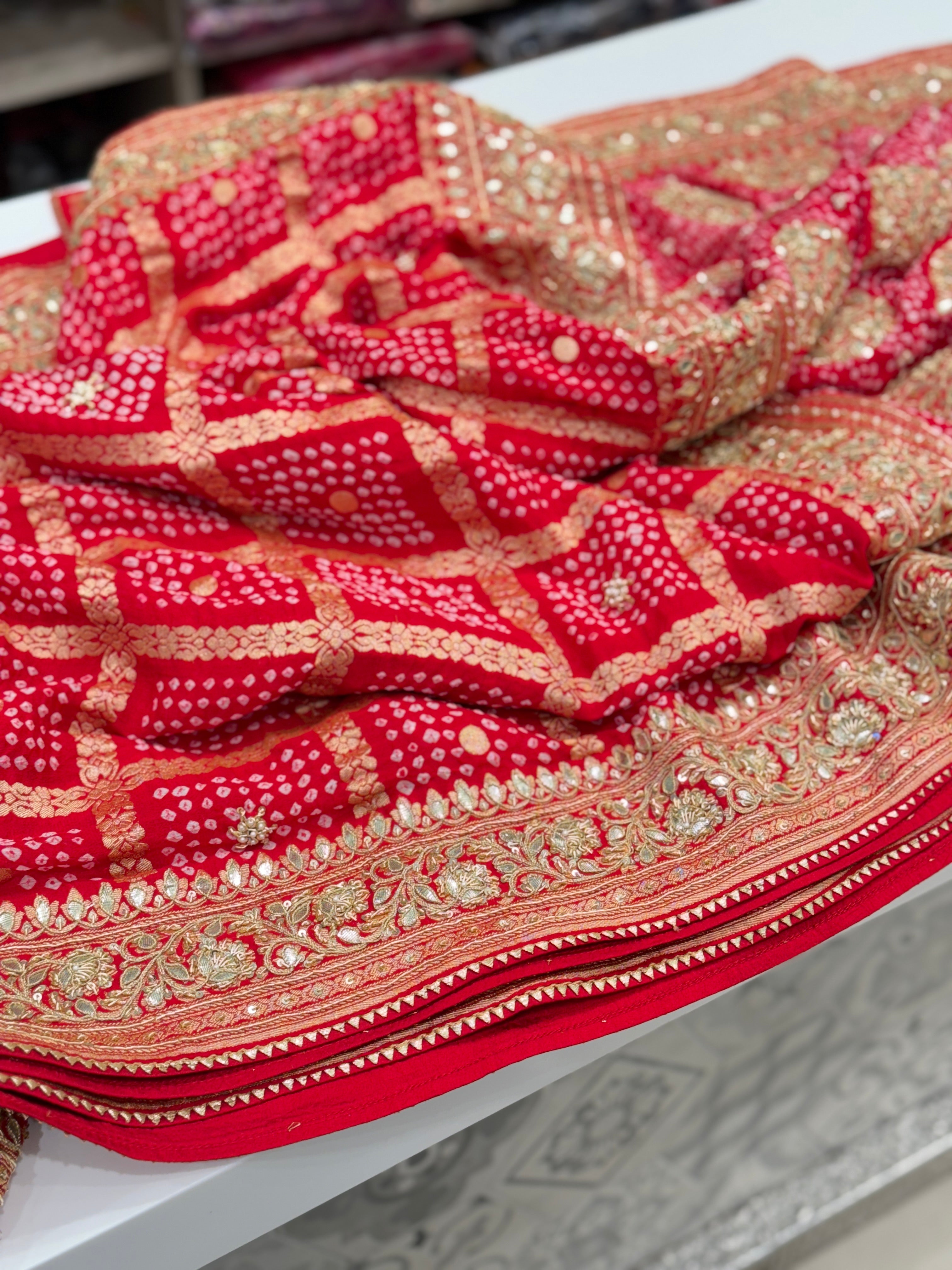 Red Bandhej Zardosi Saree