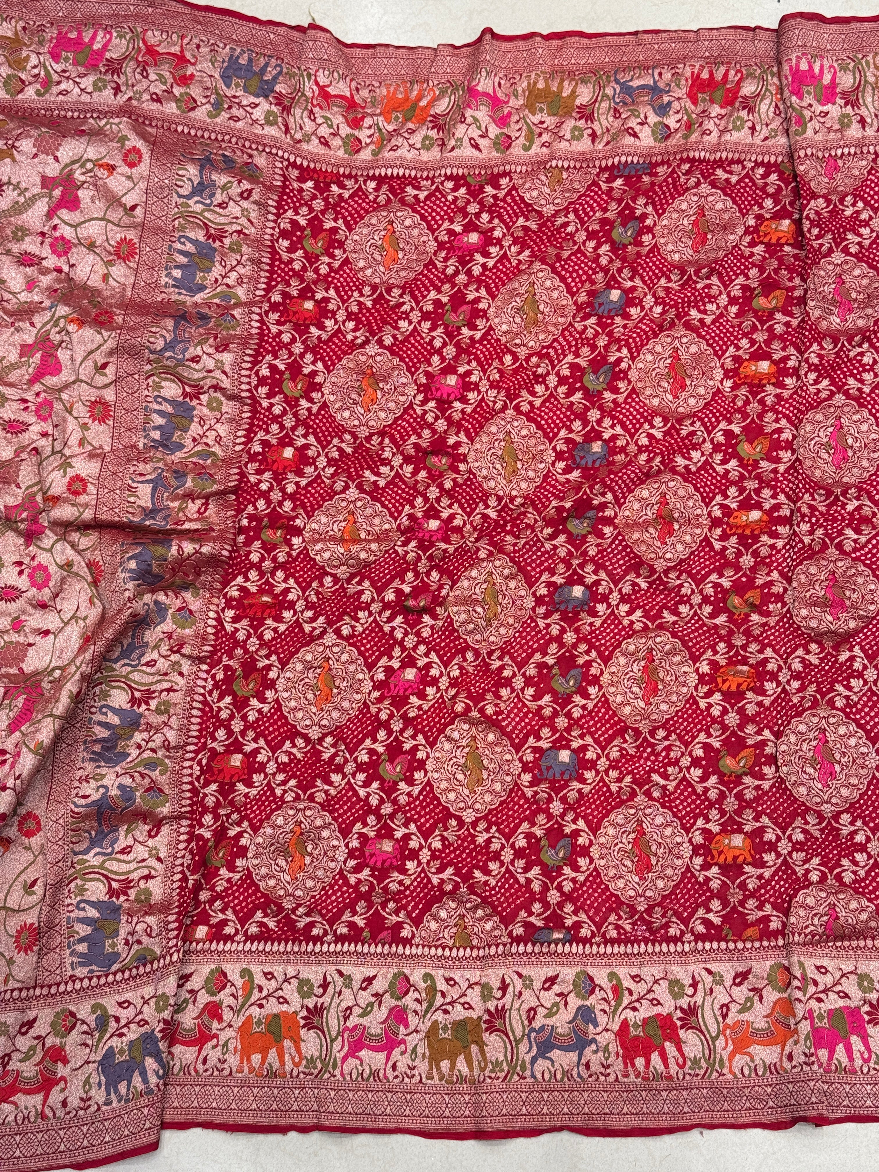 Red Shikargah Meenakari Rai Bandhej Georgette Dupatta