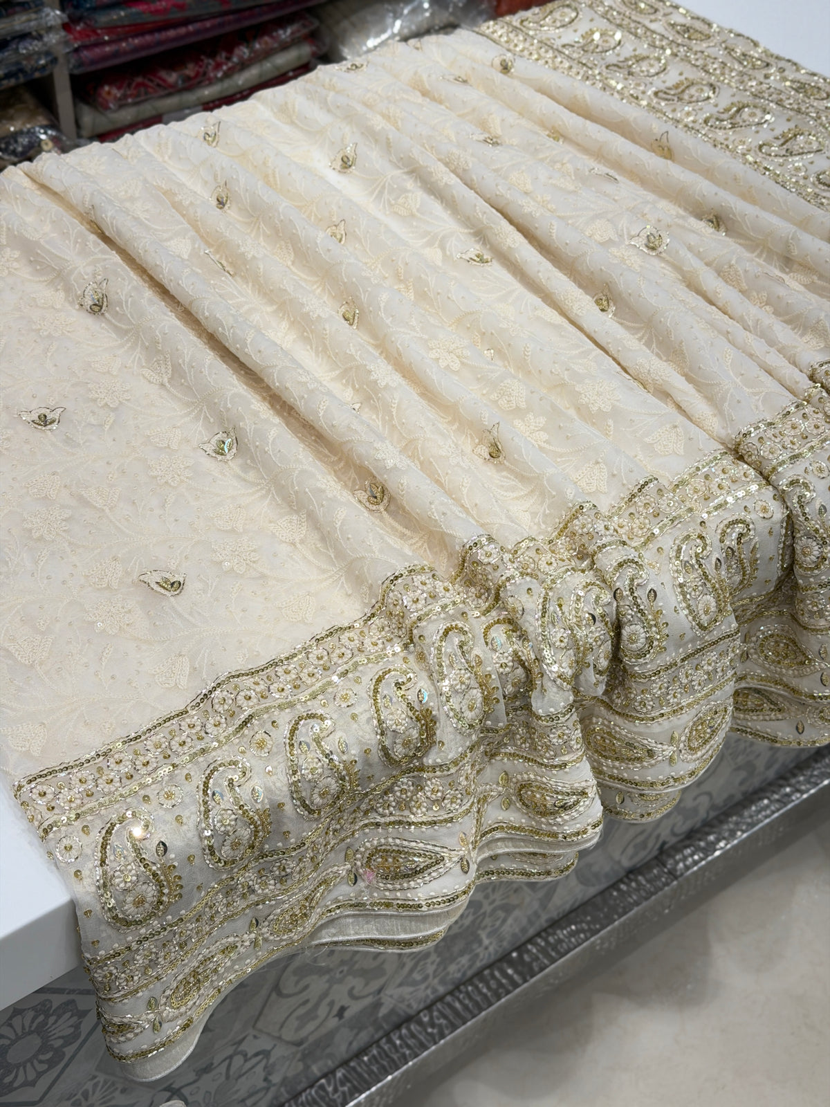 Moti White Chikankari Georgette Pita Sequin Hand Embroidery Saree